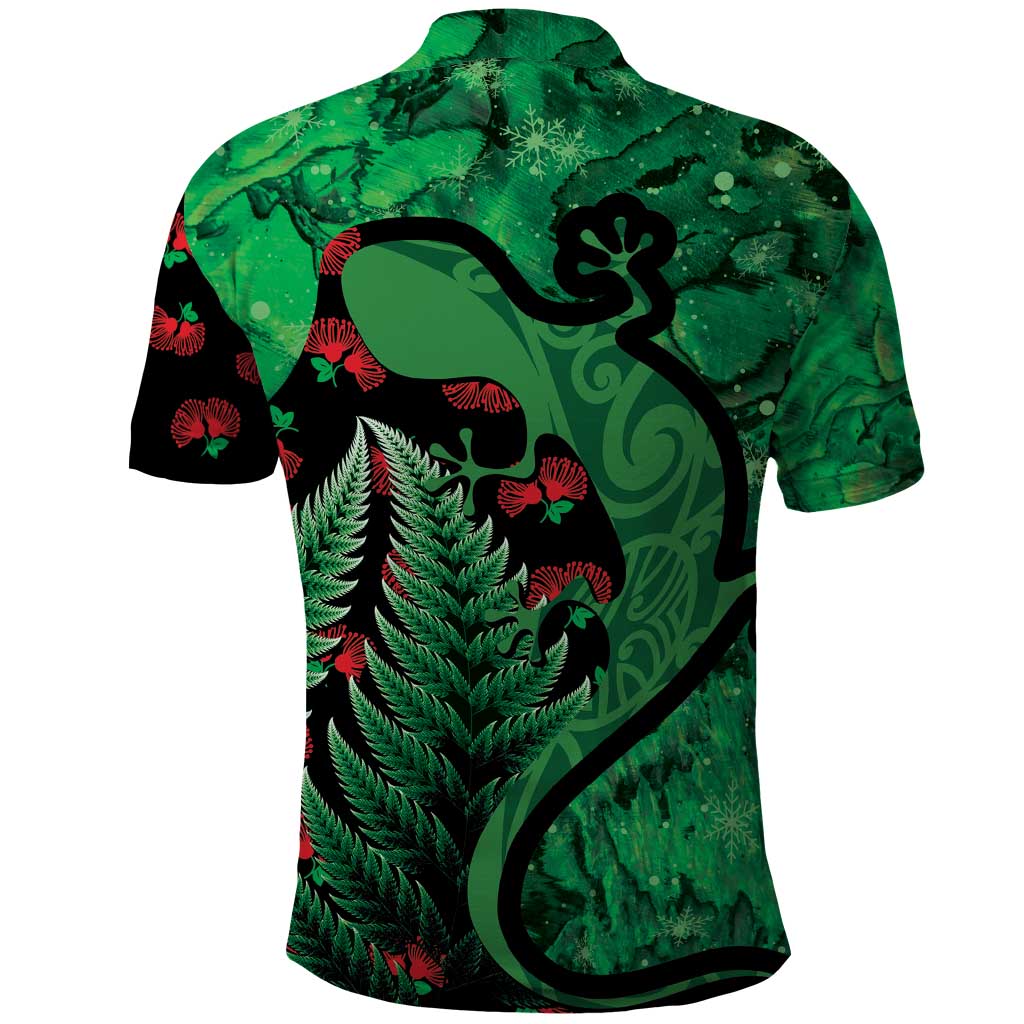 New Zealand Gecko Christmas Polo Shirt Meri Kirihimete Paua Shell Mix Pohutukawa