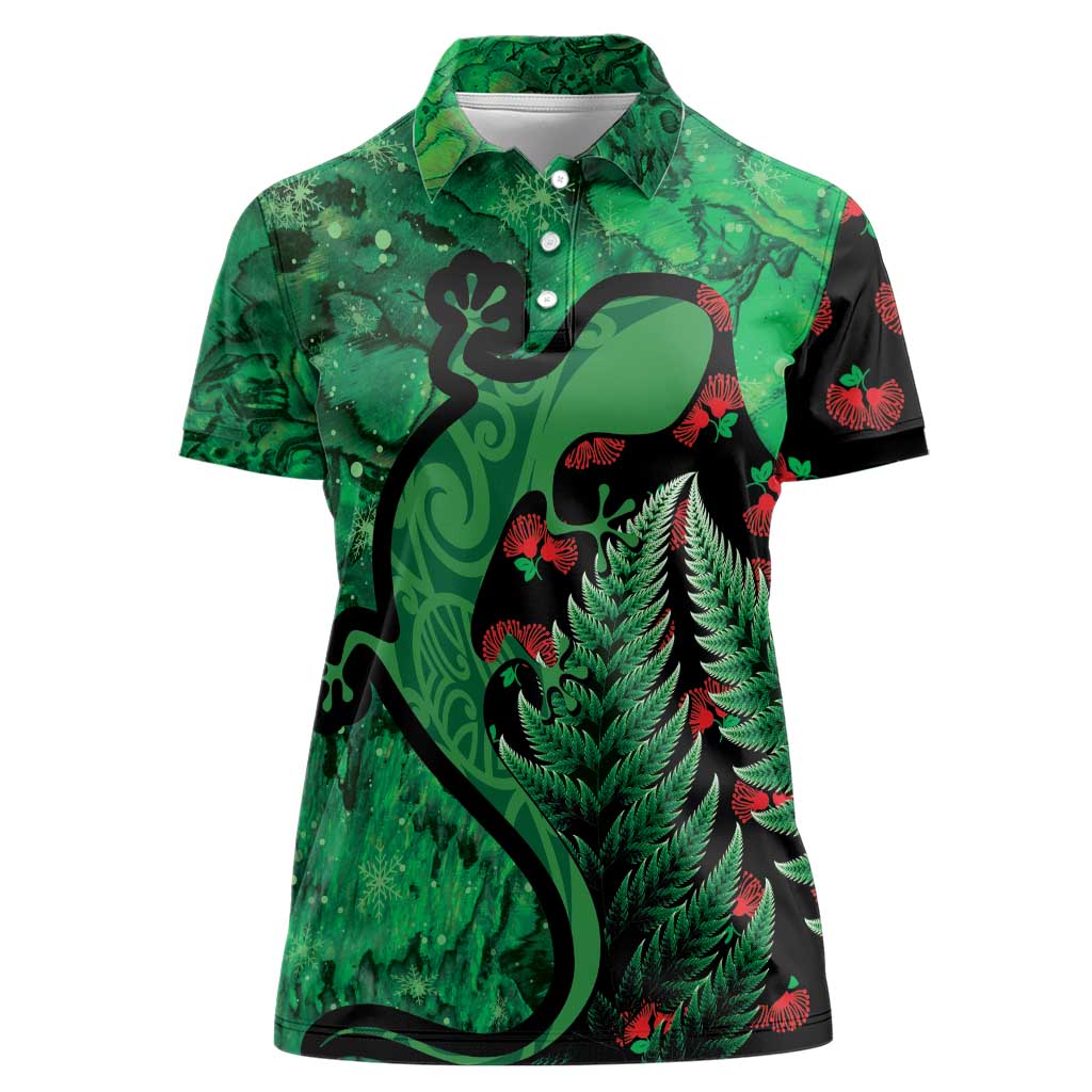 New Zealand Gecko Christmas Women Polo Shirt Meri Kirihimete Paua Shell Mix Pohutukawa