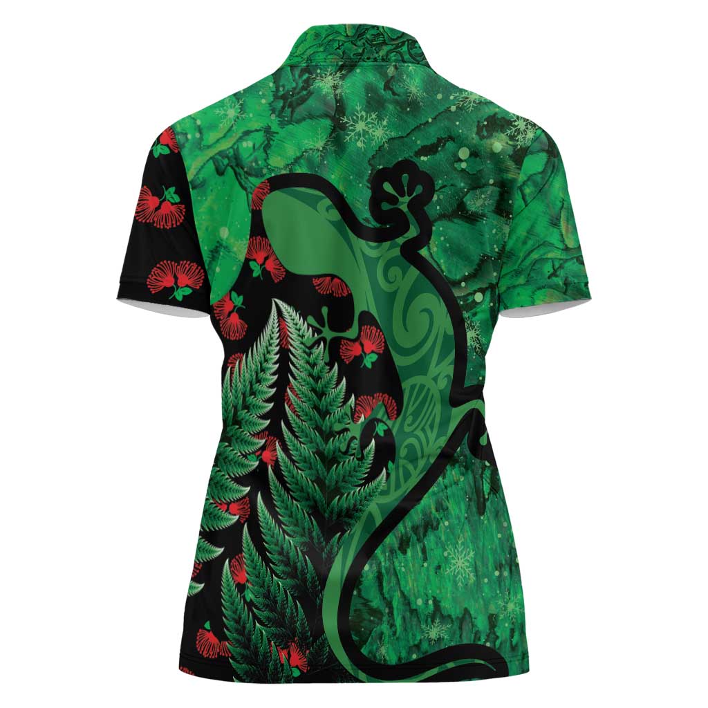 New Zealand Gecko Christmas Women Polo Shirt Meri Kirihimete Paua Shell Mix Pohutukawa