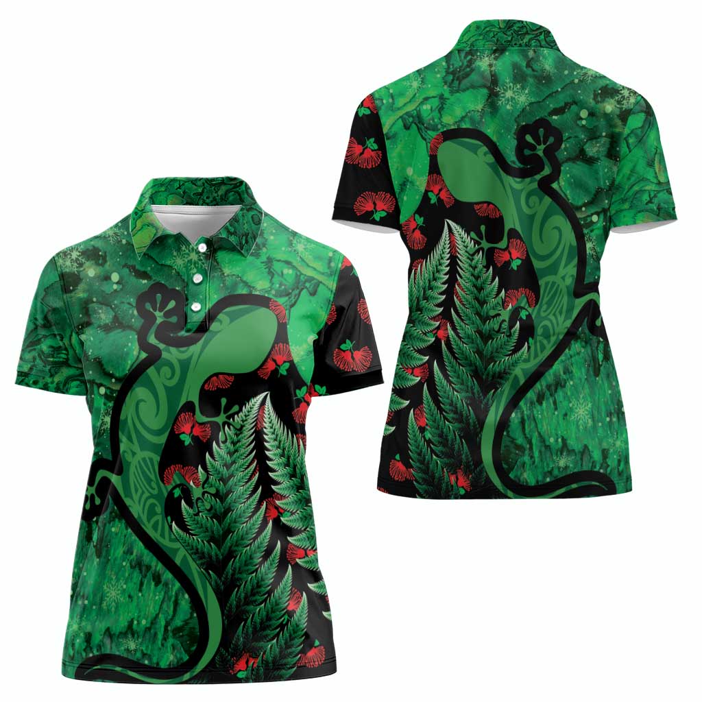 New Zealand Gecko Christmas Women Polo Shirt Meri Kirihimete Paua Shell Mix Pohutukawa