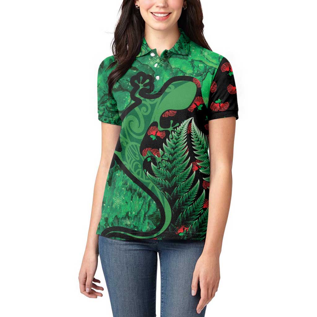 New Zealand Gecko Christmas Women Polo Shirt Meri Kirihimete Paua Shell Mix Pohutukawa