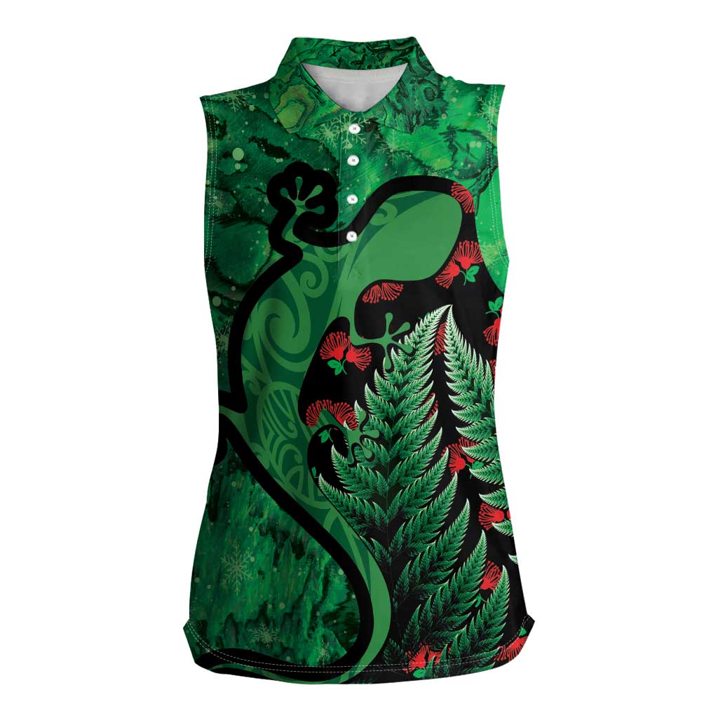 New Zealand Gecko Christmas Women Sleeveless Polo Shirt Meri Kirihimete Paua Shell Mix Pohutukawa