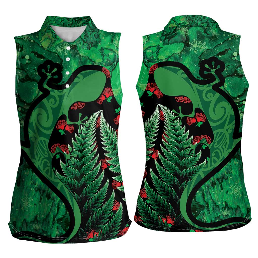 New Zealand Gecko Christmas Women Sleeveless Polo Shirt Meri Kirihimete Paua Shell Mix Pohutukawa