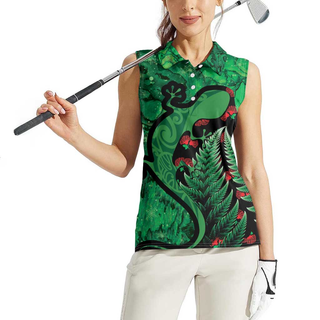 New Zealand Gecko Christmas Women Sleeveless Polo Shirt Meri Kirihimete Paua Shell Mix Pohutukawa