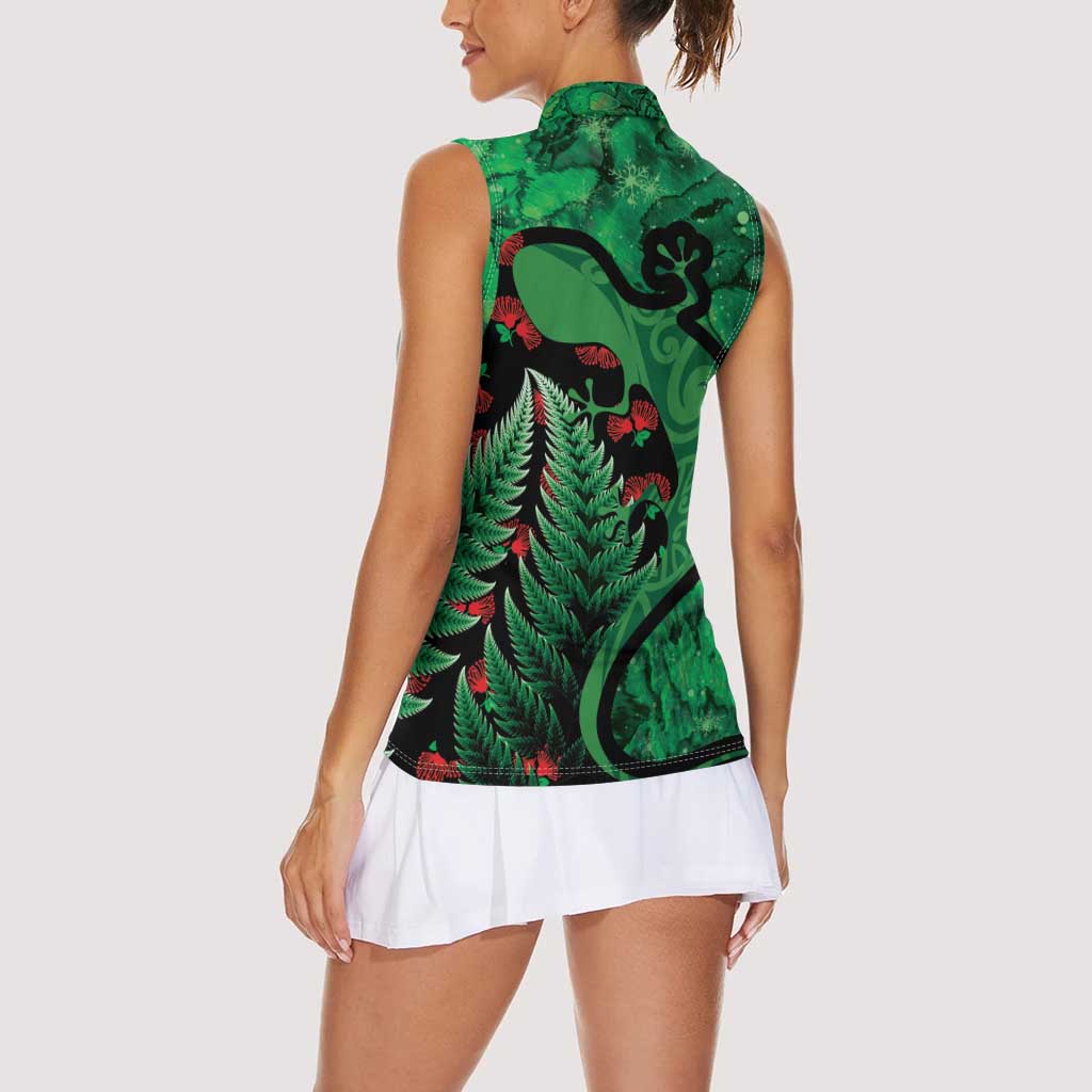 New Zealand Gecko Christmas Women Sleeveless Polo Shirt Meri Kirihimete Paua Shell Mix Pohutukawa