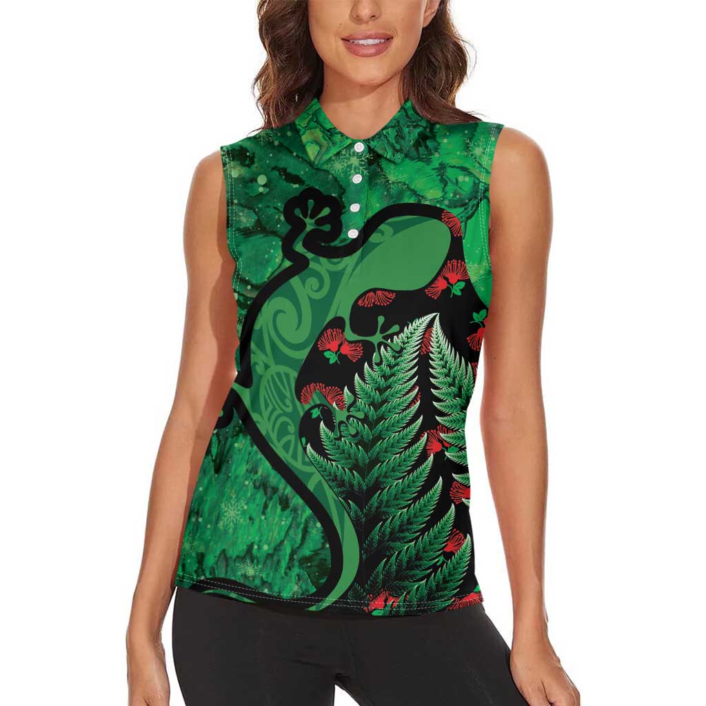 New Zealand Gecko Christmas Women Sleeveless Polo Shirt Meri Kirihimete Paua Shell Mix Pohutukawa