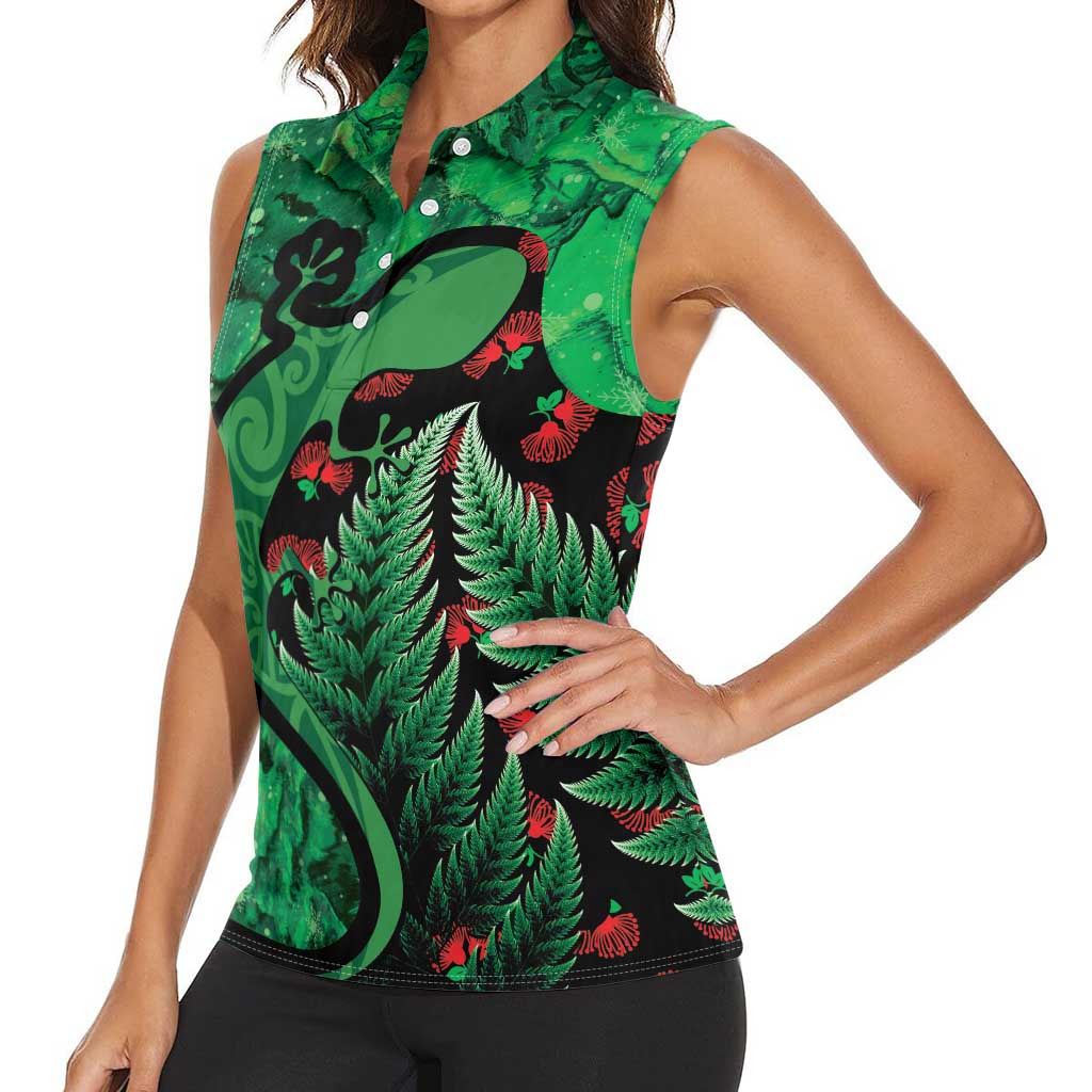 New Zealand Gecko Christmas Women Sleeveless Polo Shirt Meri Kirihimete Paua Shell Mix Pohutukawa