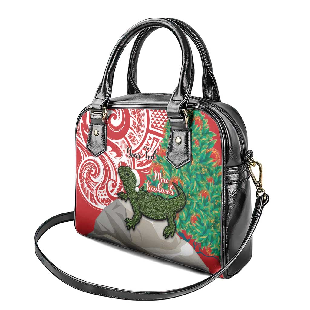 Personalised New Zealand Tuatara Christmas Shoulder Handbag Meri Kirihimete Aotearoa Maori Mix Pohutukawa