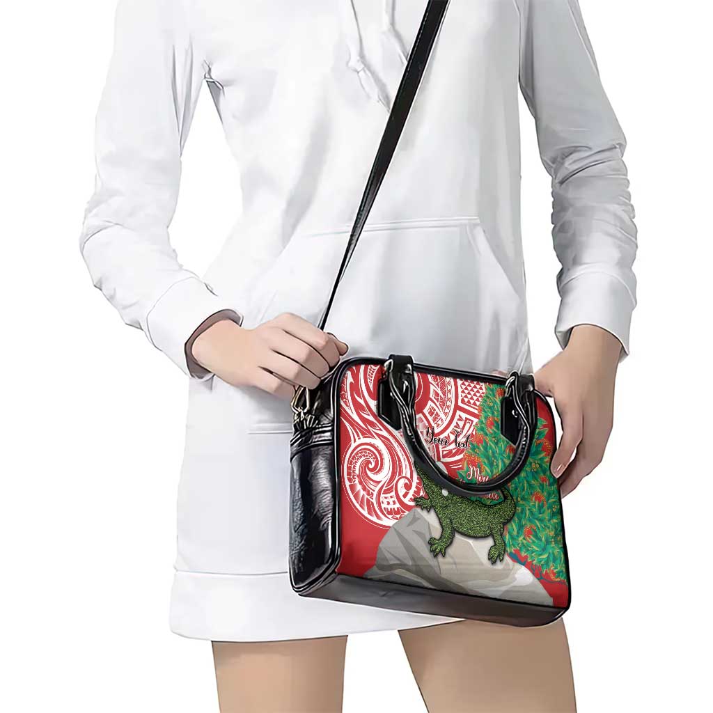 Personalised New Zealand Tuatara Christmas Shoulder Handbag Meri Kirihimete Aotearoa Maori Mix Pohutukawa