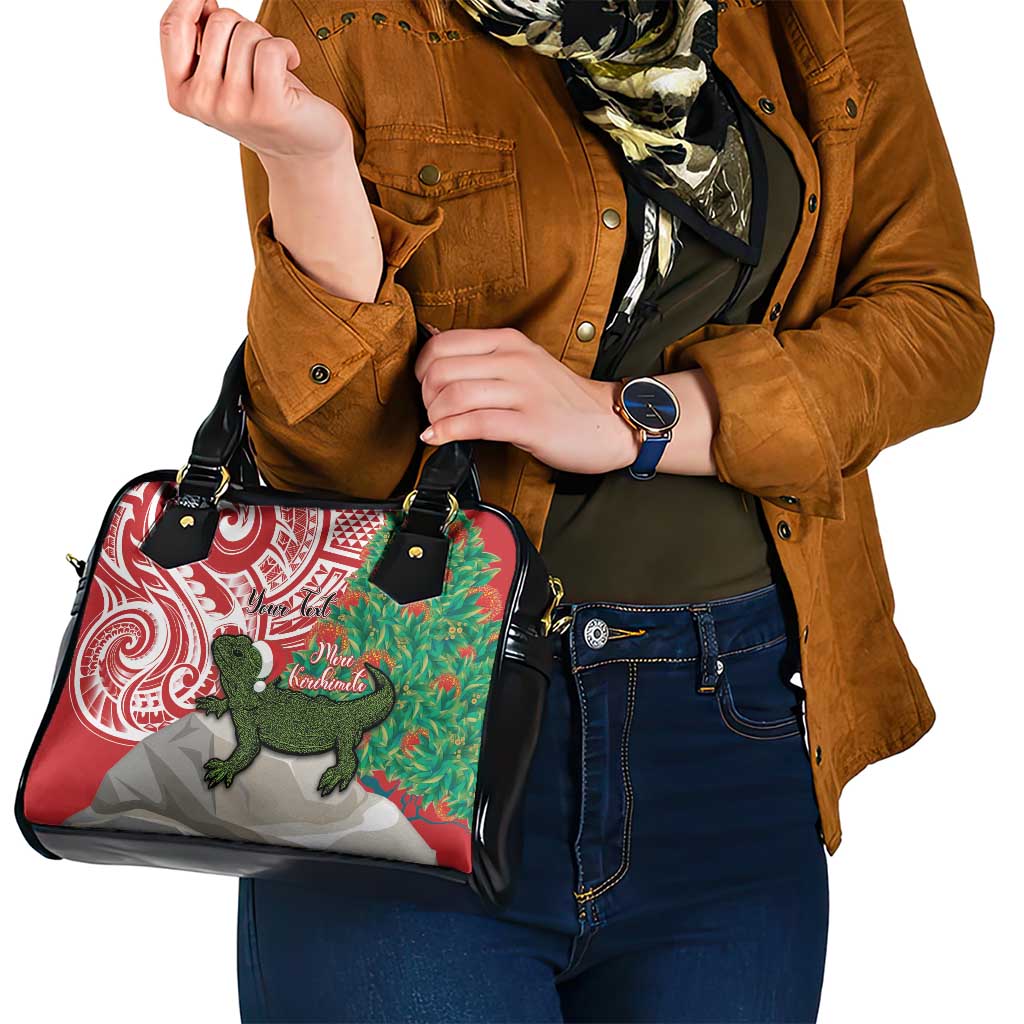 Personalised New Zealand Tuatara Christmas Shoulder Handbag Meri Kirihimete Aotearoa Maori Mix Pohutukawa