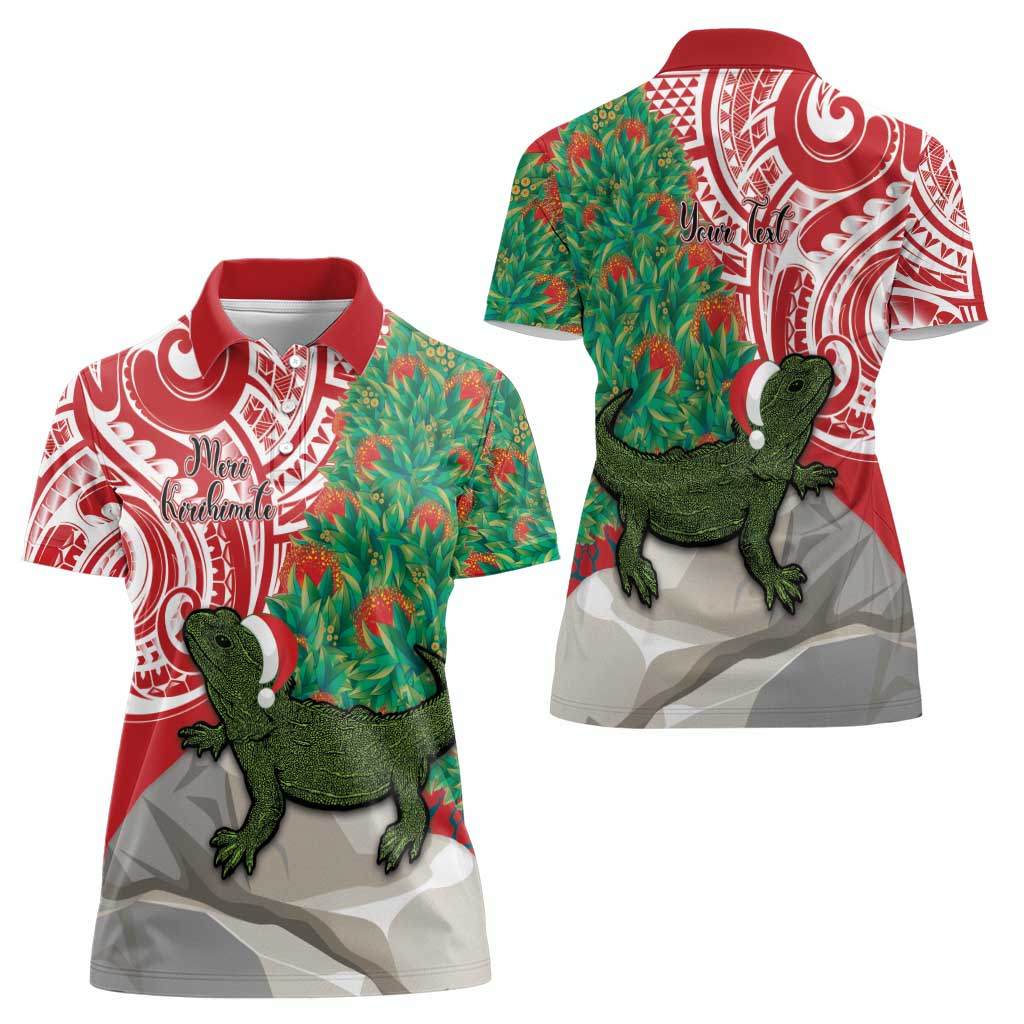 Personalised New Zealand Tuatara Christmas Women Polo Shirt Meri Kirihimete Aotearoa Maori Mix Pohutukawa