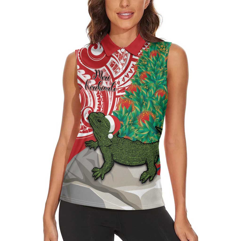 Personalised New Zealand Tuatara Christmas Women Sleeveless Polo Shirt Meri Kirihimete Aotearoa Maori Mix Pohutukawa