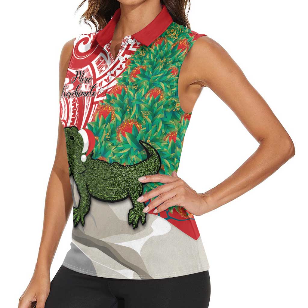 Personalised New Zealand Tuatara Christmas Women Sleeveless Polo Shirt Meri Kirihimete Aotearoa Maori Mix Pohutukawa