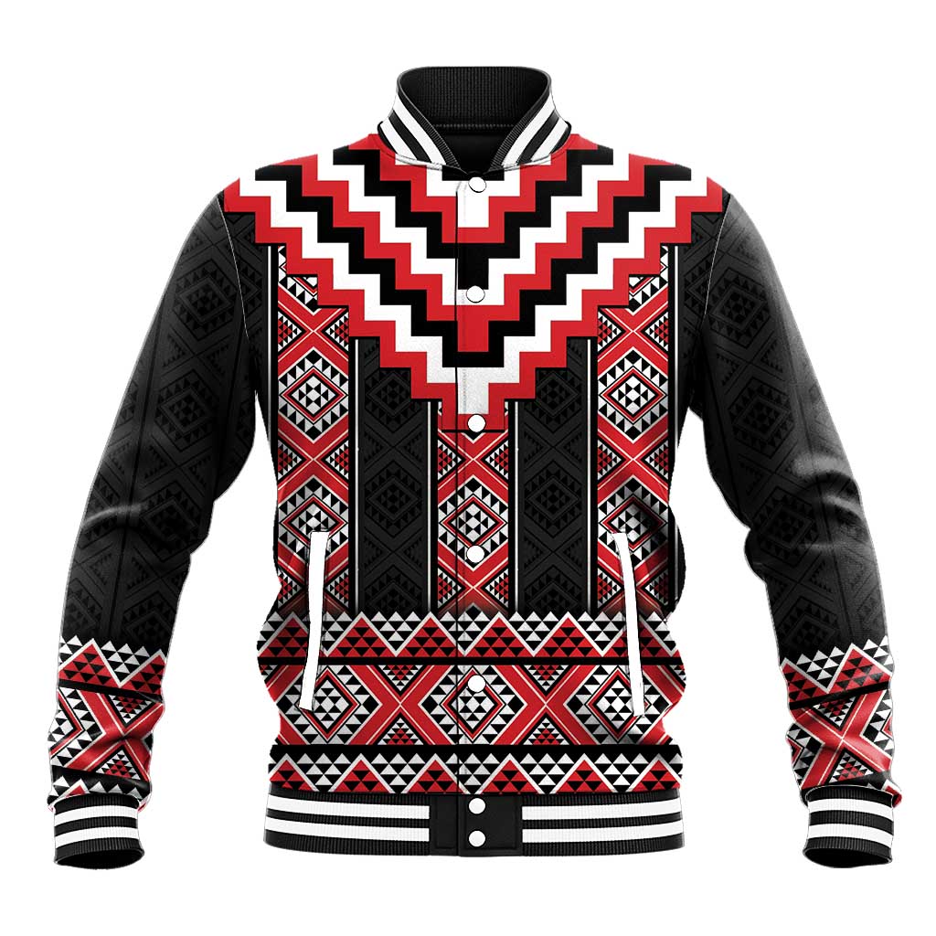 Red Taniko Aotearoa Baseball Jacket Niho Taniwha Mix Poutama LT14