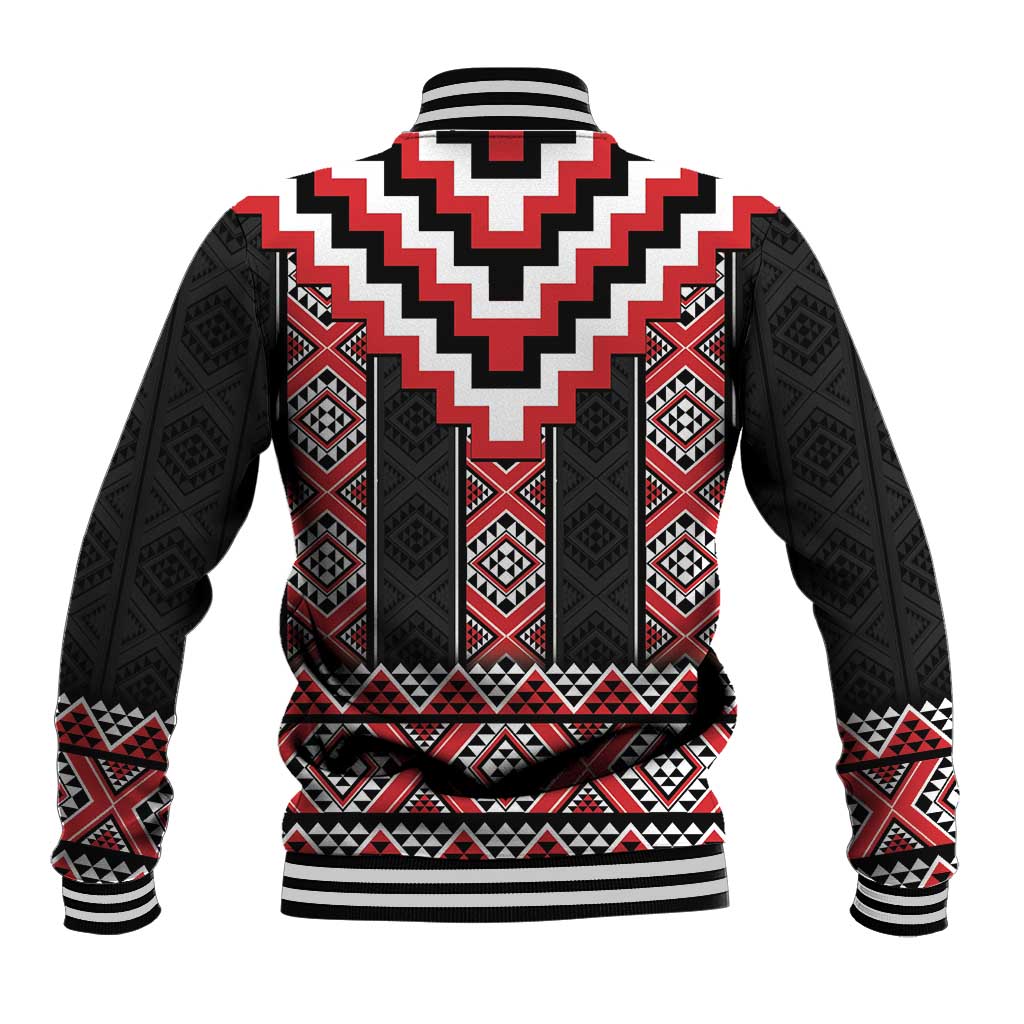 Red Taniko Aotearoa Baseball Jacket Niho Taniwha Mix Poutama LT14