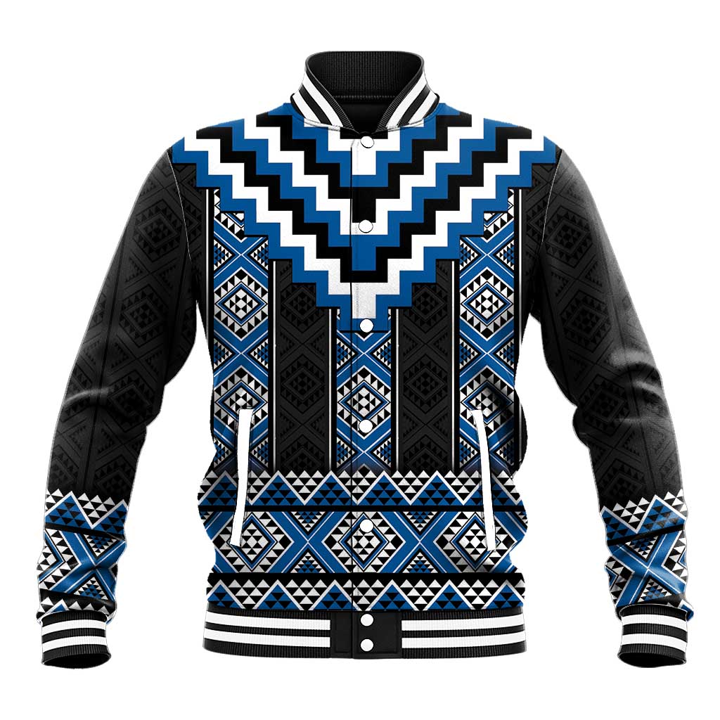 Blue Taniko Aotearoa Baseball Jacket Niho Taniwha Mix Poutama LT14