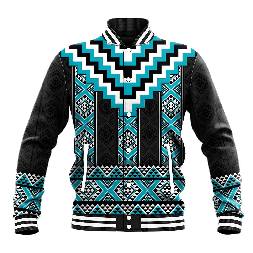 Turquoise Taniko Pattern Aotearoa Baseball Jacket Niho Taniwha Mix Poutama LT14