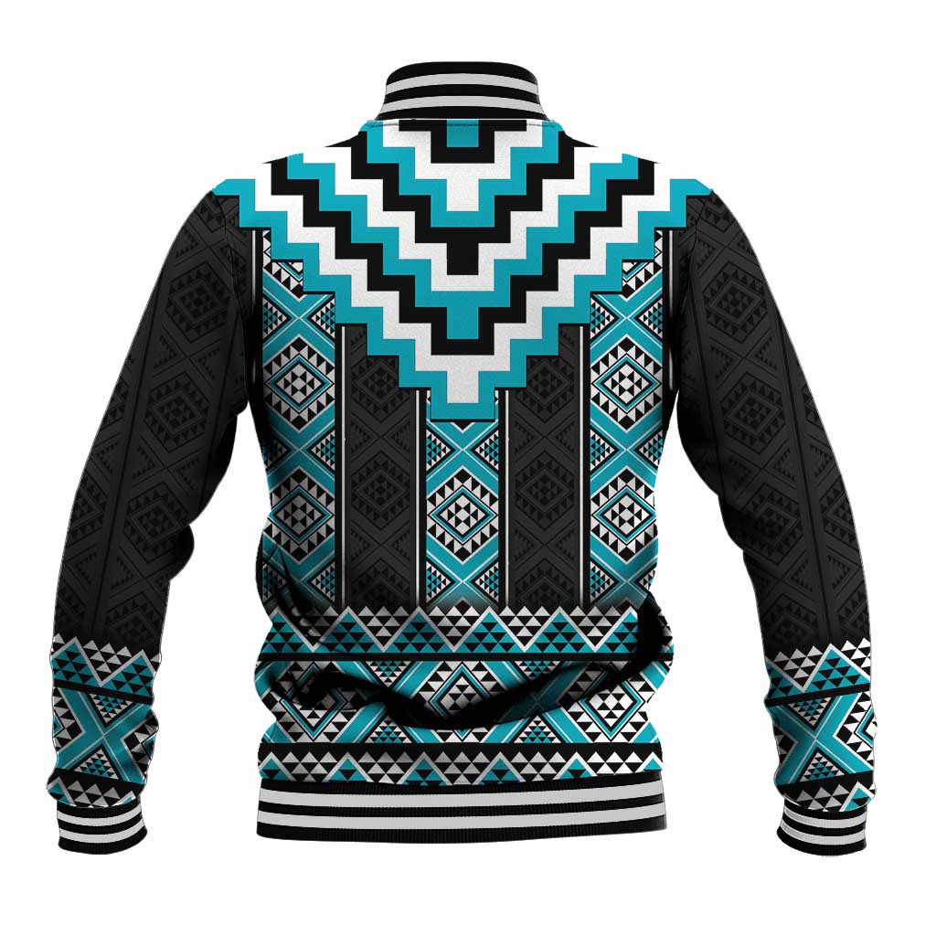 Turquoise Taniko Pattern Aotearoa Baseball Jacket Niho Taniwha Mix Poutama LT14