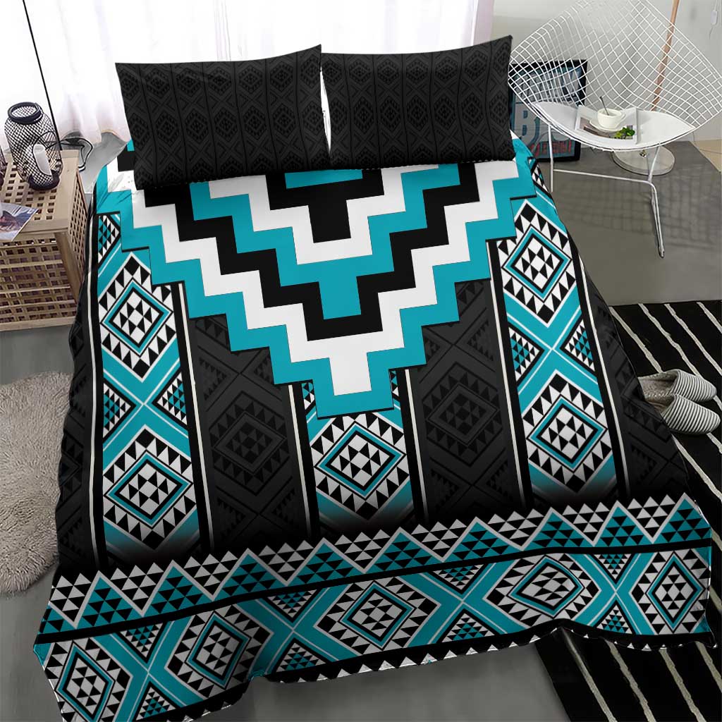 Turquoise Taniko Pattern Aotearoa Bedding Set Niho Taniwha Mix Poutama