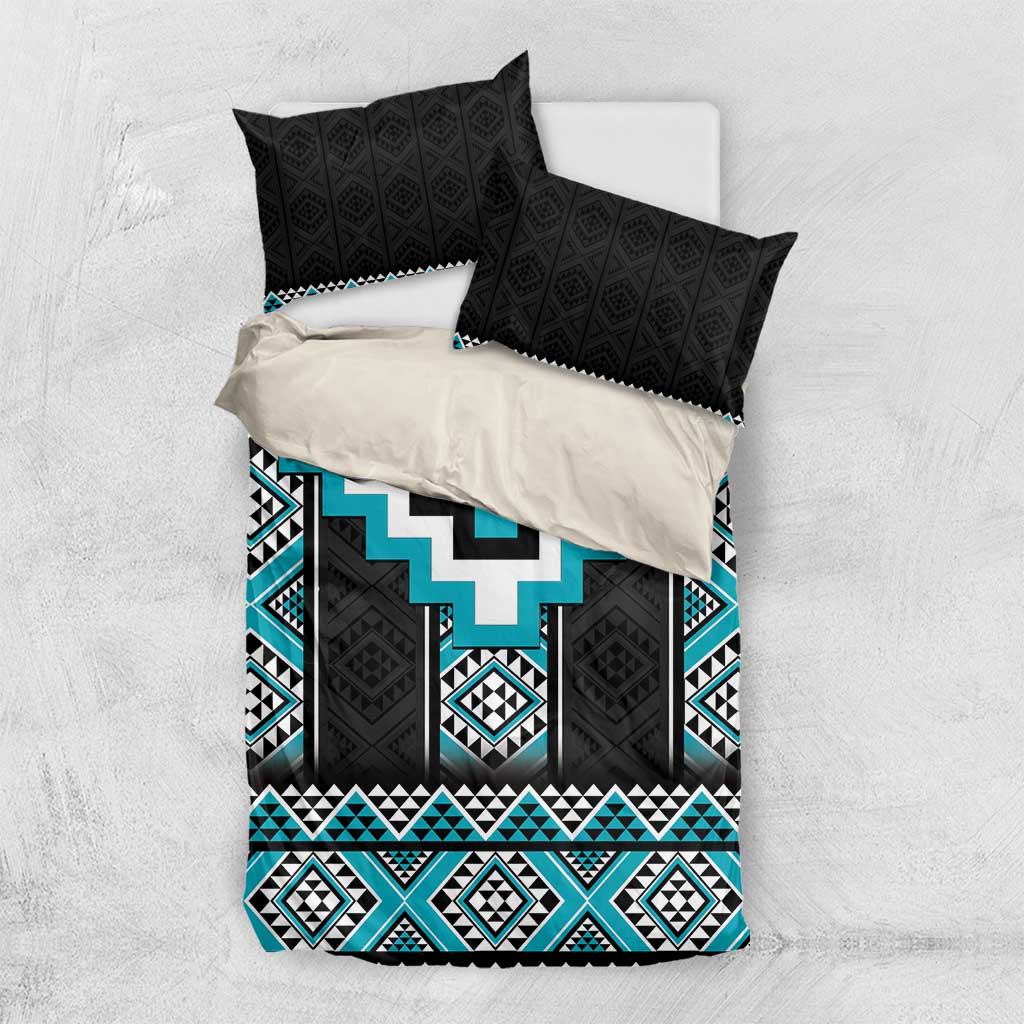 Turquoise Taniko Pattern Aotearoa Bedding Set Niho Taniwha Mix Poutama