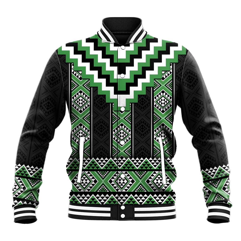 Green Taniko Pattern Aotearoa Baseball Jacket Niho Taniwha Mix Poutama LT14