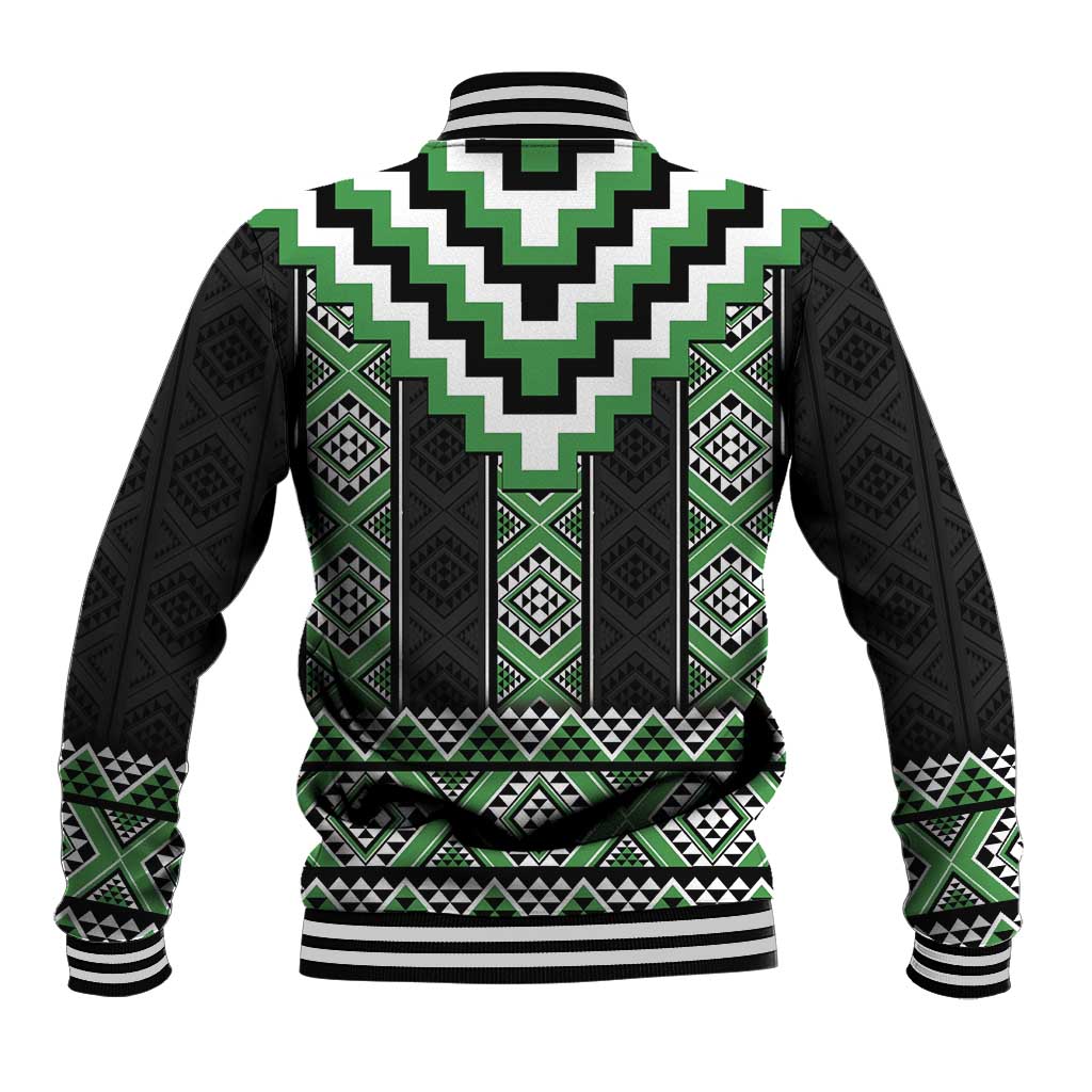 Green Taniko Pattern Aotearoa Baseball Jacket Niho Taniwha Mix Poutama LT14