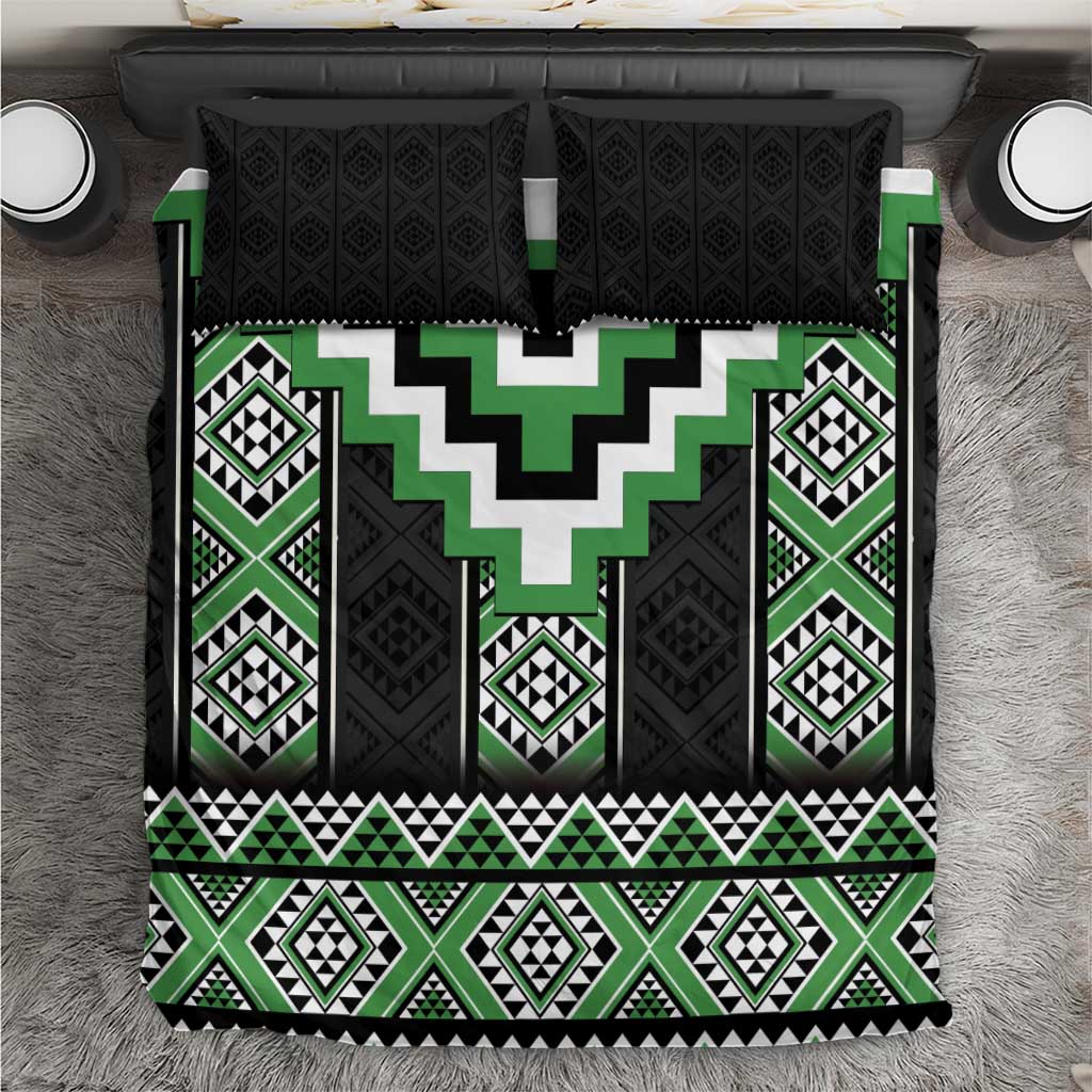 Green Taniko Pattern Aotearoa Bedding Set Niho Taniwha Mix Poutama