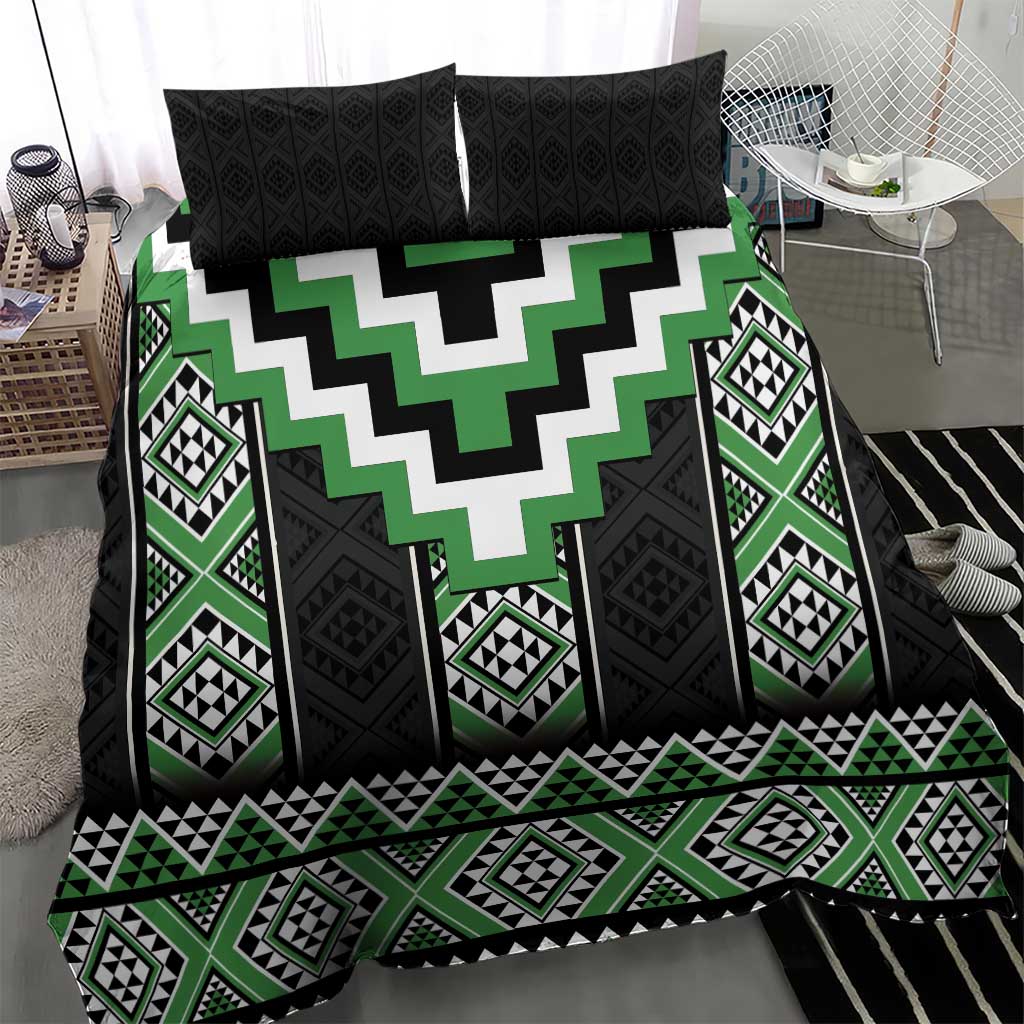 Green Taniko Pattern Aotearoa Bedding Set Niho Taniwha Mix Poutama