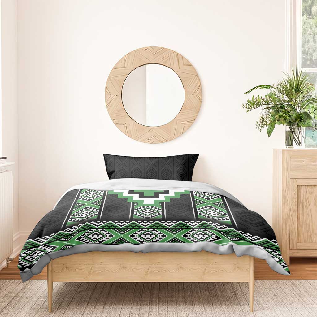 Green Taniko Pattern Aotearoa Bedding Set Niho Taniwha Mix Poutama