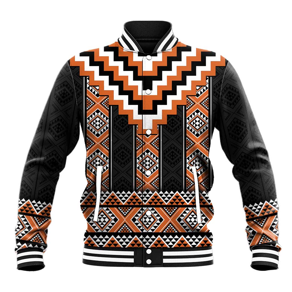 Orange Taniko Pattern Aotearoa Baseball Jacket Niho Taniwha Mix Poutama LT14