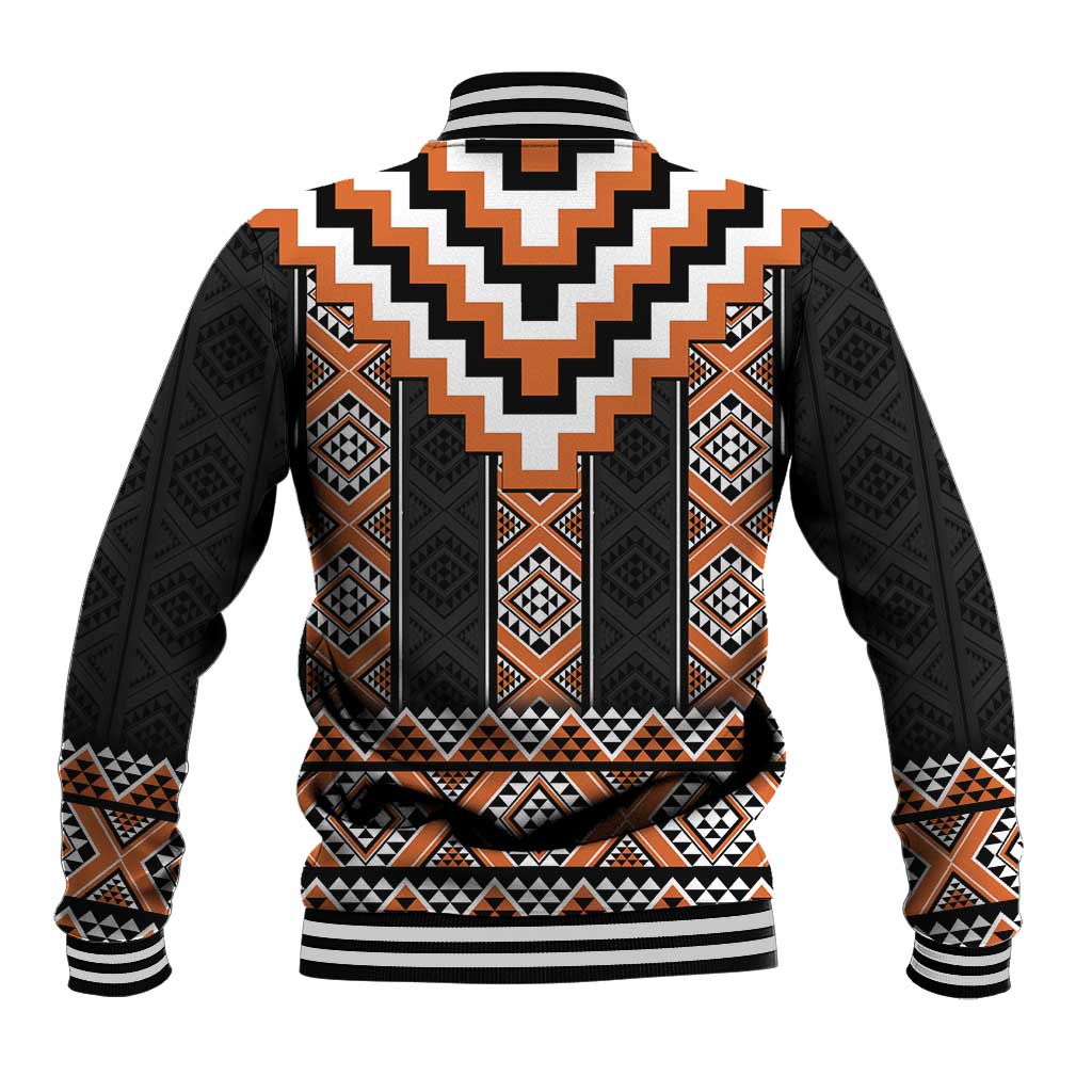 Orange Taniko Pattern Aotearoa Baseball Jacket Niho Taniwha Mix Poutama LT14