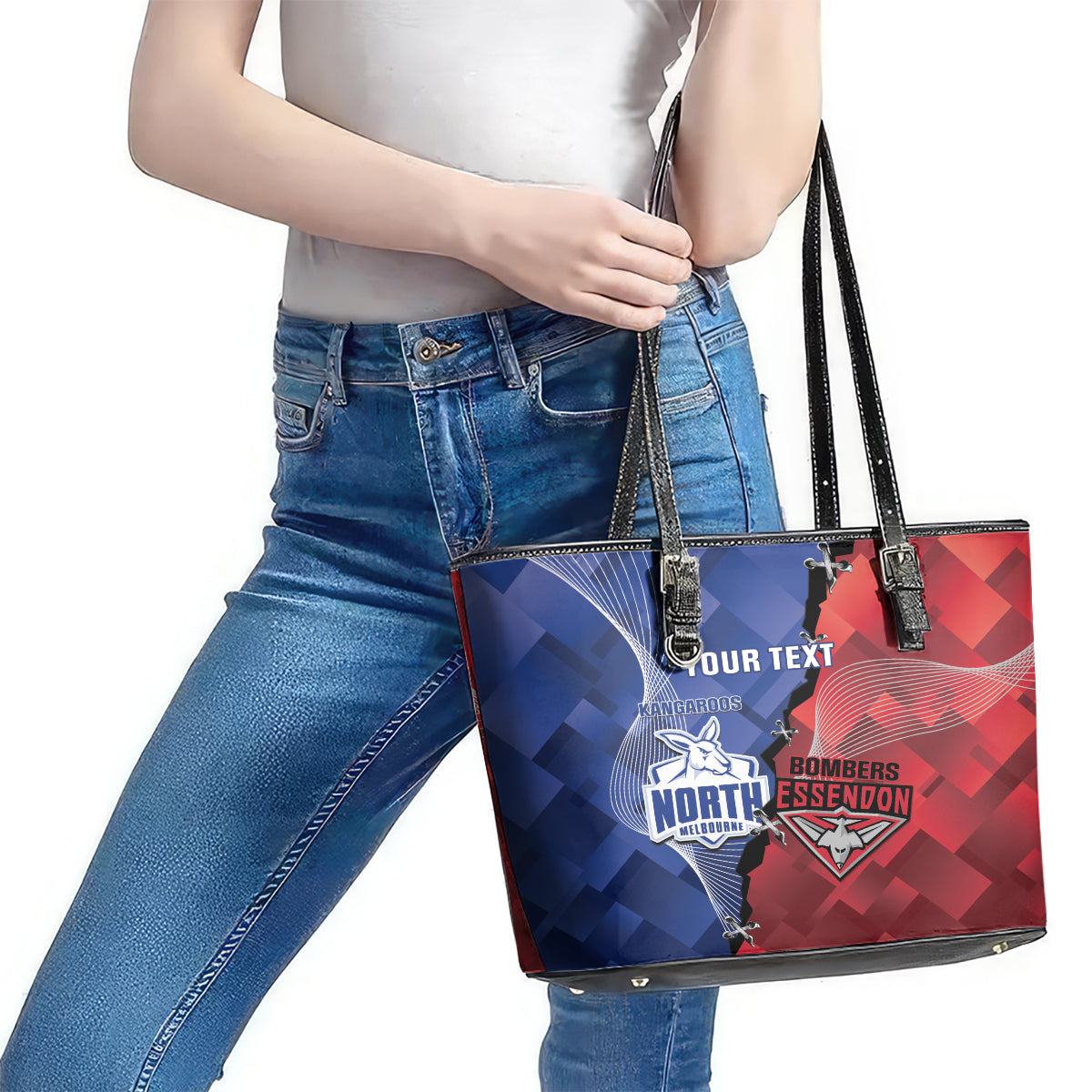 Personalised Kangaroos And Bombers Football Leather Tote Bag Sporty Version