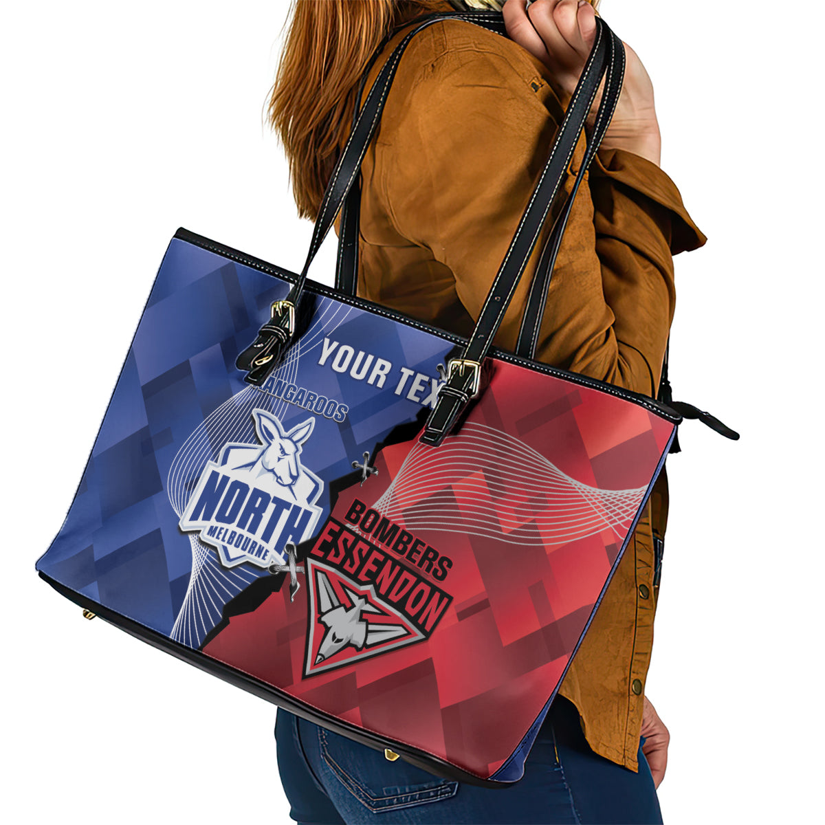 Personalised Kangaroos And Bombers Football Leather Tote Bag Sporty Version