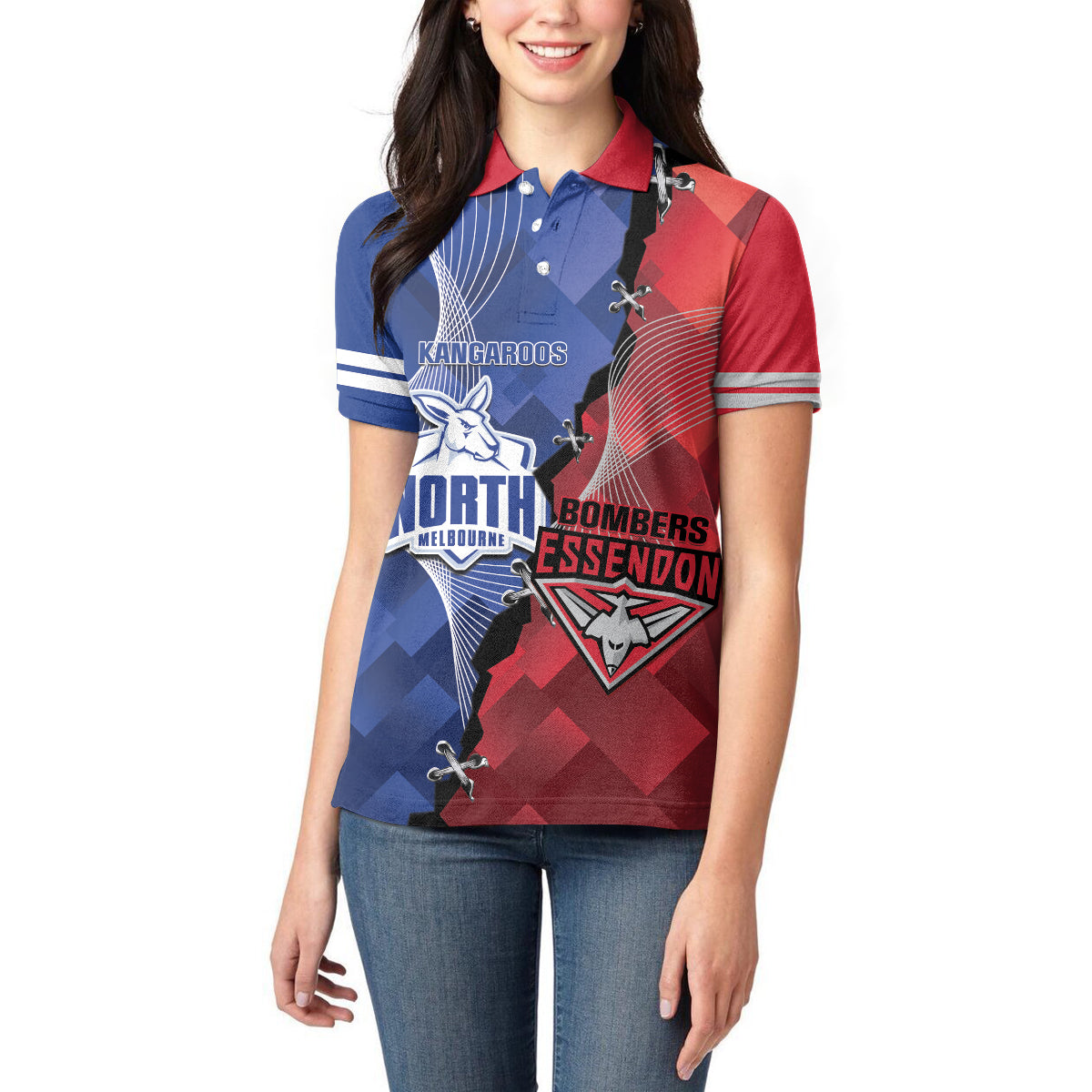 Personalised Kangaroos And Bombers Football Women Polo Shirt Sporty Version