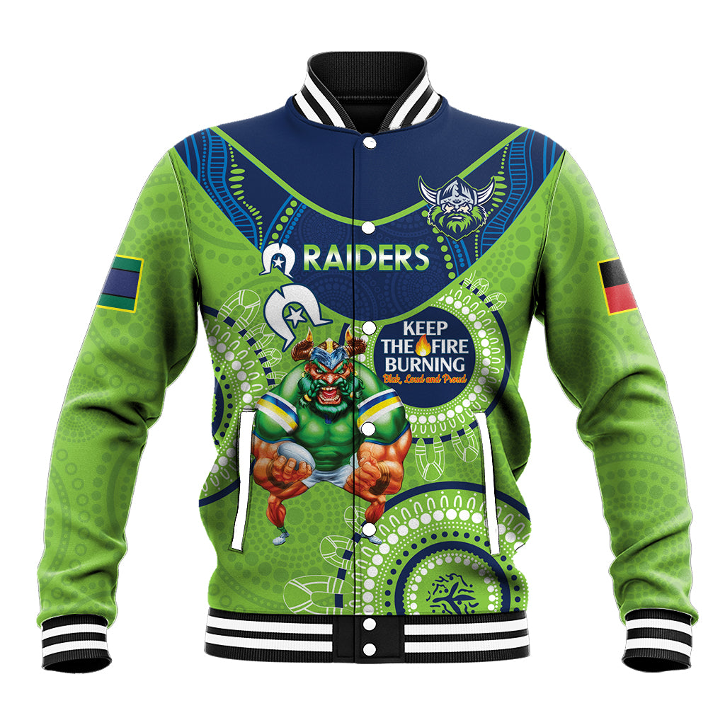 Custom NRL Raiders NAIDOC Week Baseball Jacket Keep The Fire Burning Indigenous Art