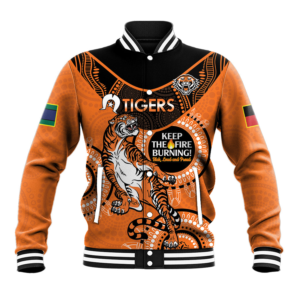 Custom NRL Tigers NAIDOC Week Baseball Jacket Keep The Fire Burning Indigenous Art