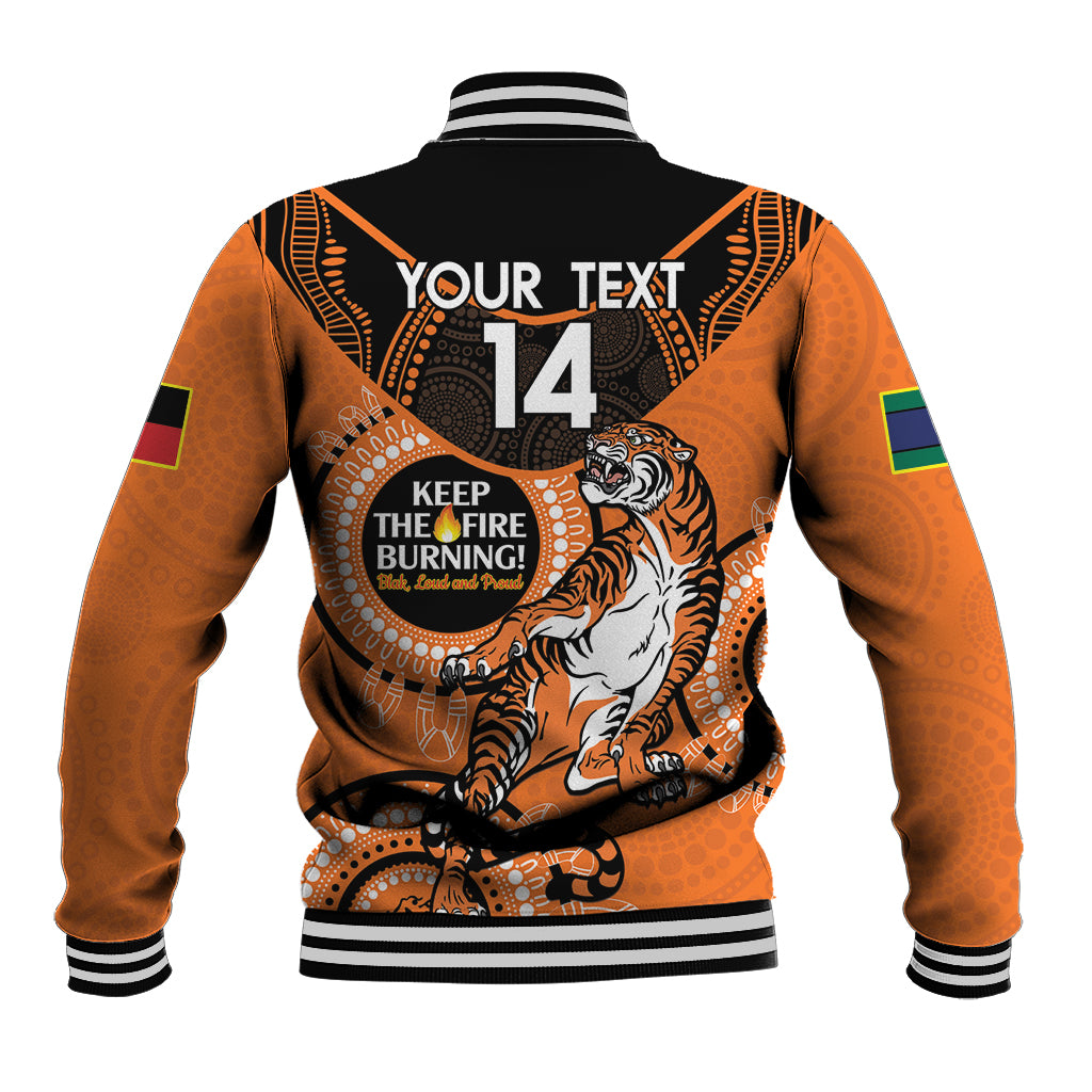 Custom NRL Tigers NAIDOC Week Baseball Jacket Keep The Fire Burning Indigenous Art