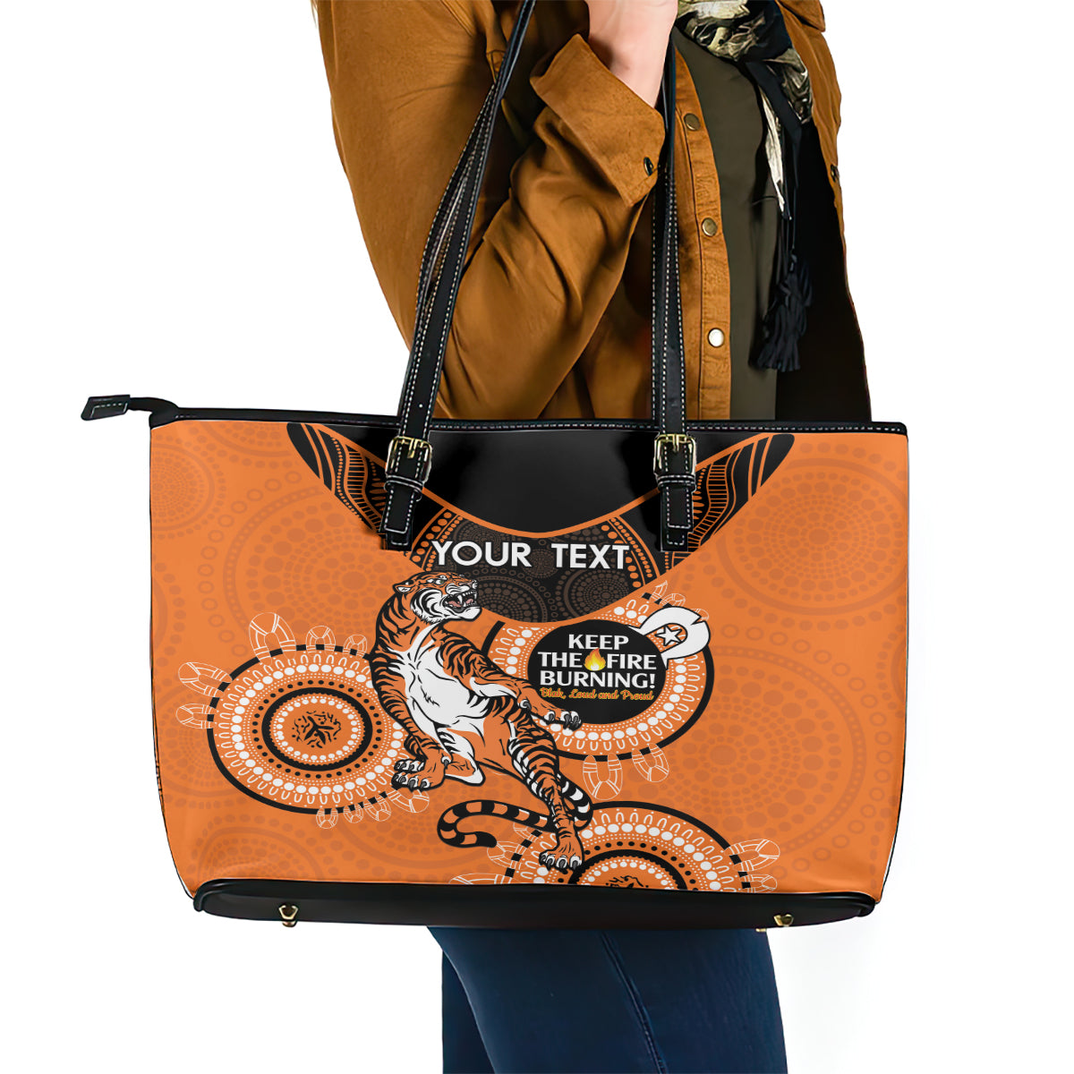 Custom NRL Tigers NAIDOC Week Leather Tote Bag Keep The Fire Burning Indigenous Art