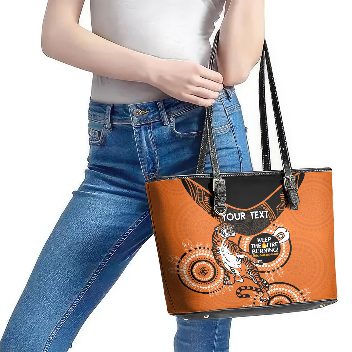 Custom NRL Tigers NAIDOC Week Leather Tote Bag Keep The Fire Burning Indigenous Art