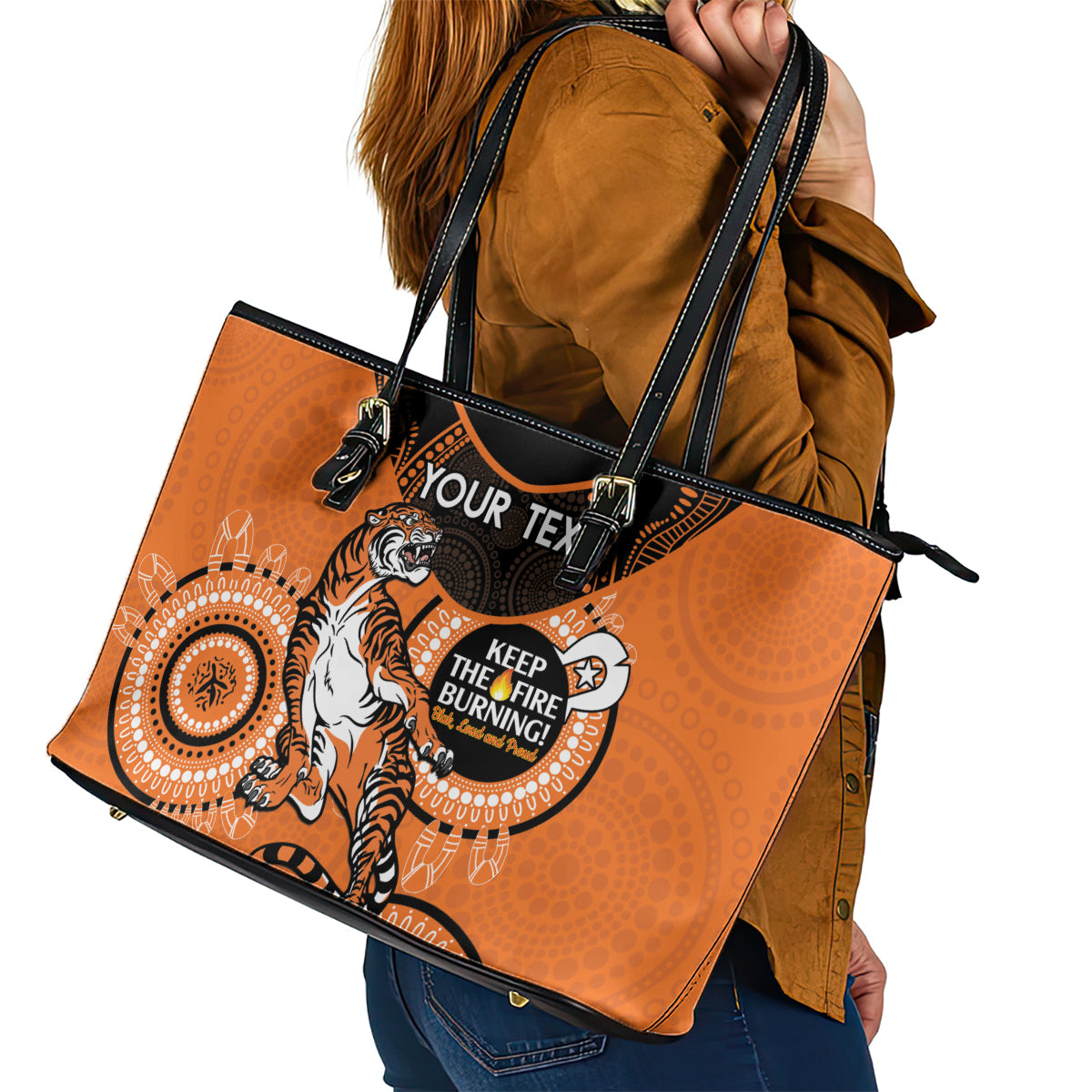 Custom NRL Tigers NAIDOC Week Leather Tote Bag Keep The Fire Burning Indigenous Art