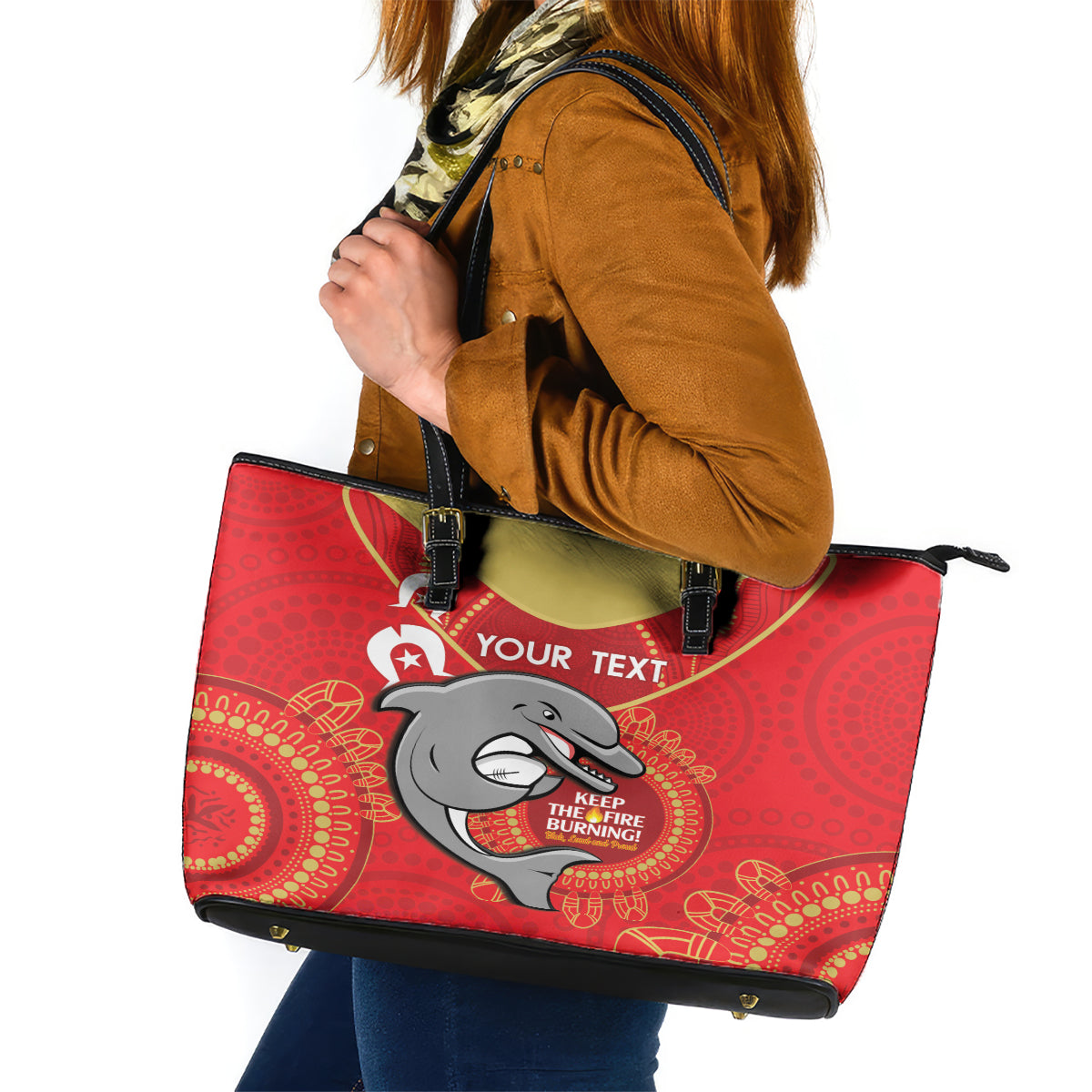 Custom NRL Dolphins NAIDOC Week Leather Tote Bag Keep The Fire Burning Indigenous Art