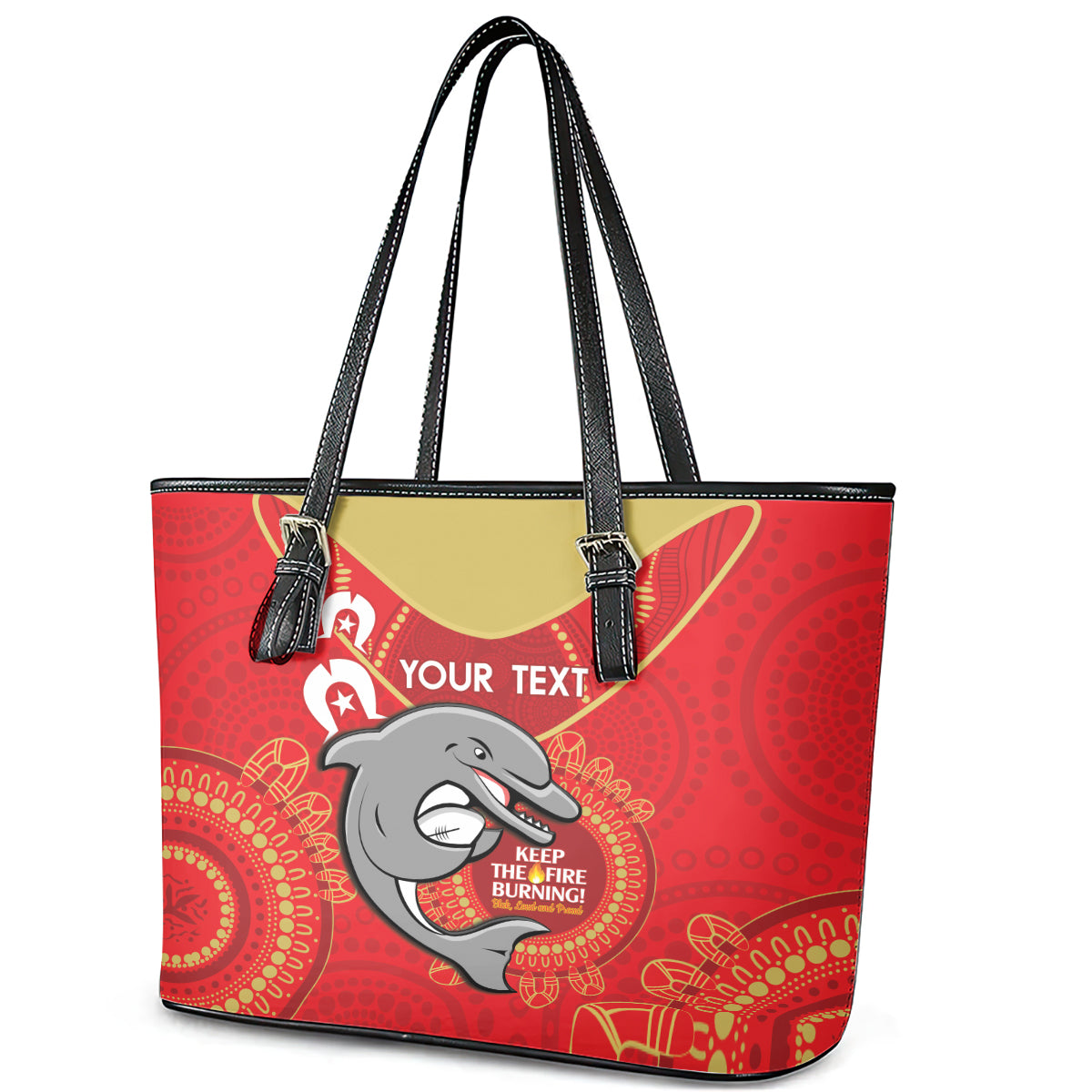 Custom NRL Dolphins NAIDOC Week Leather Tote Bag Keep The Fire Burning Indigenous Art