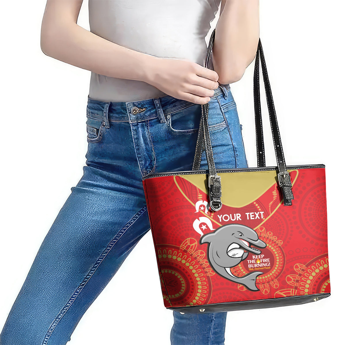 Custom NRL Dolphins NAIDOC Week Leather Tote Bag Keep The Fire Burning Indigenous Art