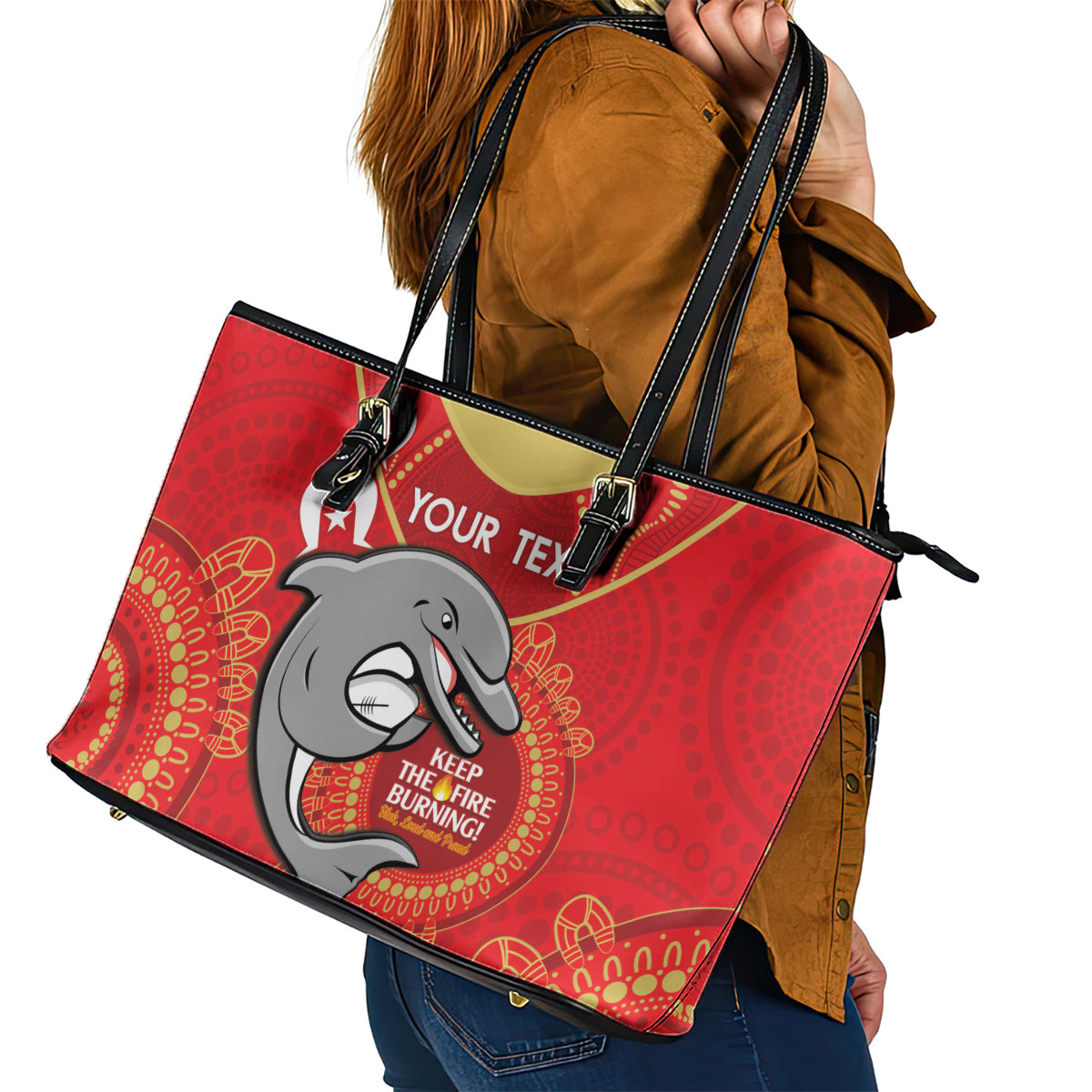 Custom NRL Dolphins NAIDOC Week Leather Tote Bag Keep The Fire Burning Indigenous Art