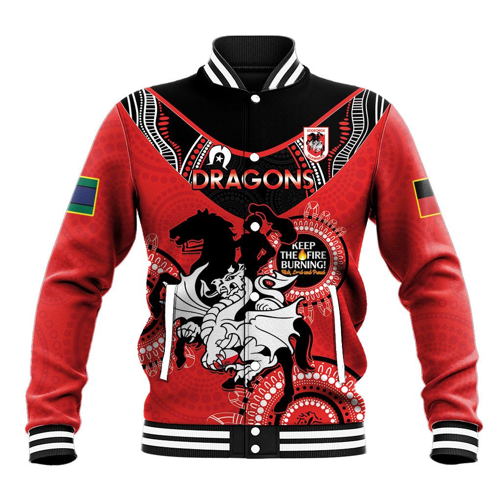 Custom NRL Dragons NAIDOC Week Baseball Jacket Keep The Fire Burning Indigenous Art