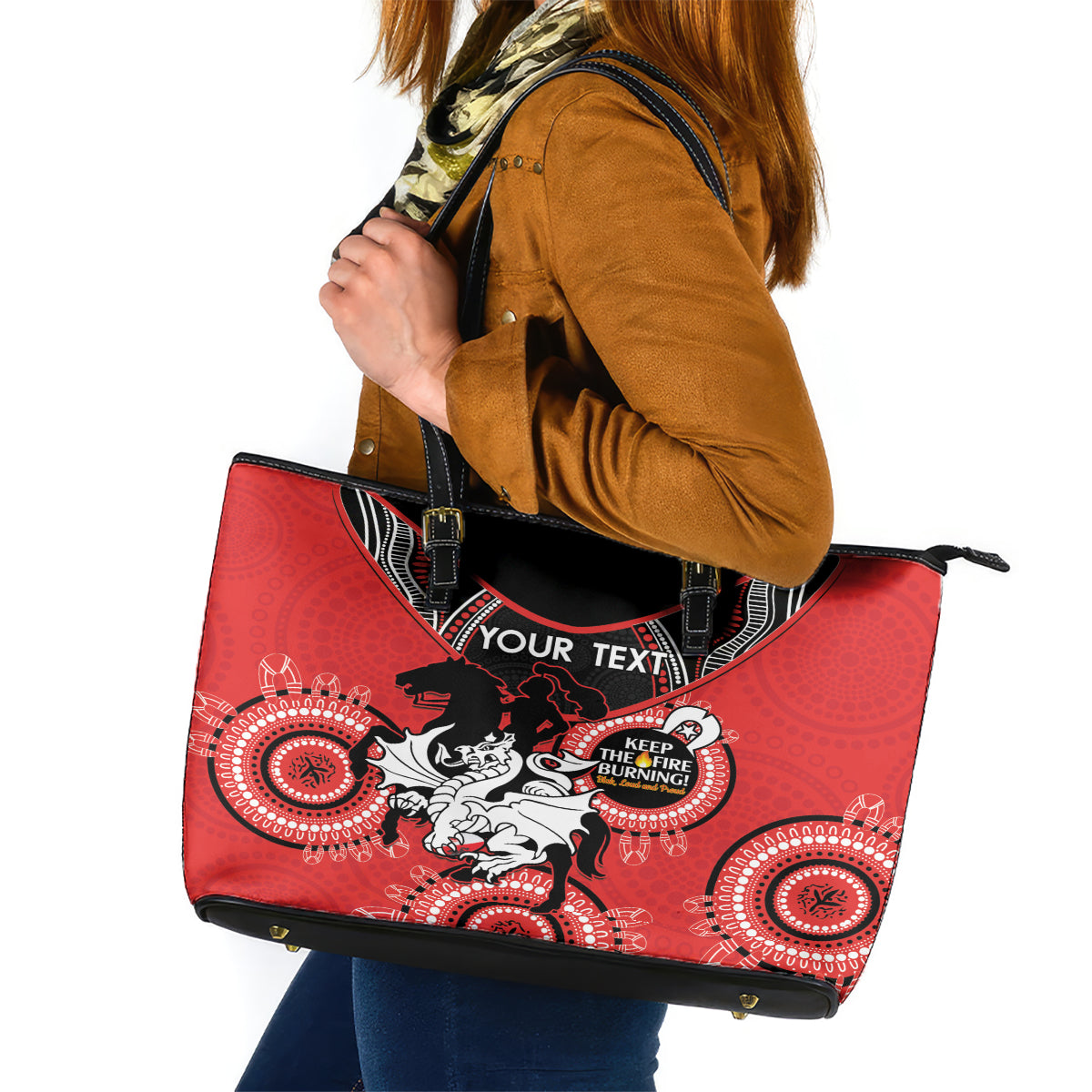 Custom NRL Dragons NAIDOC Week Leather Tote Bag Keep The Fire Burning Indigenous Art