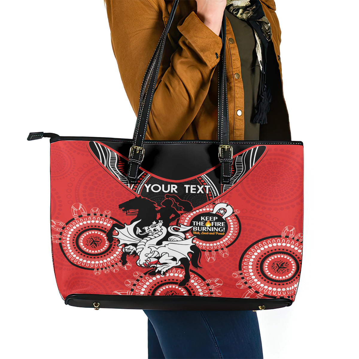 Custom NRL Dragons NAIDOC Week Leather Tote Bag Keep The Fire Burning Indigenous Art