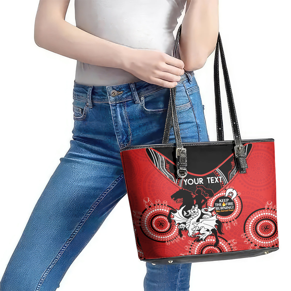 Custom NRL Dragons NAIDOC Week Leather Tote Bag Keep The Fire Burning Indigenous Art