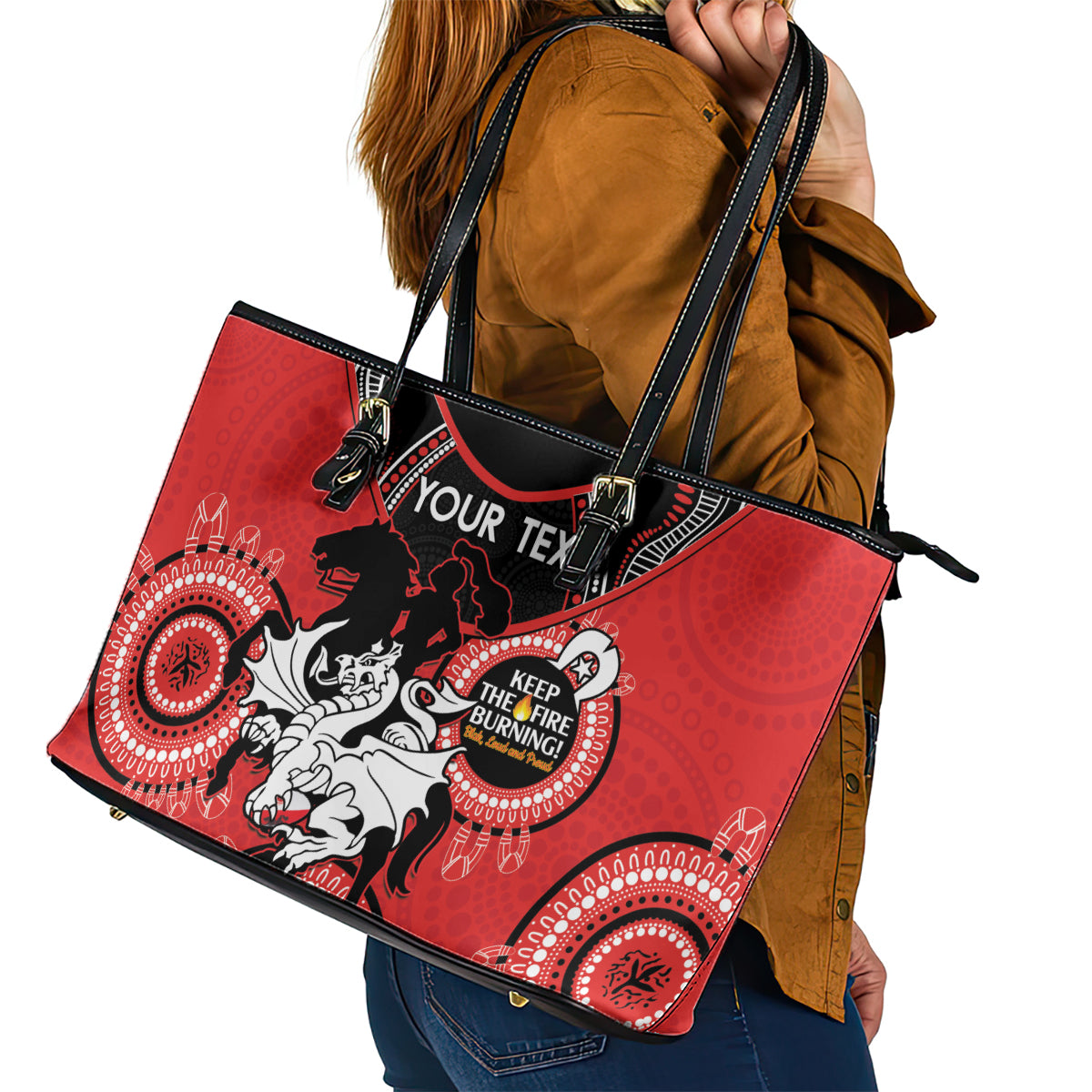 Custom NRL Dragons NAIDOC Week Leather Tote Bag Keep The Fire Burning Indigenous Art