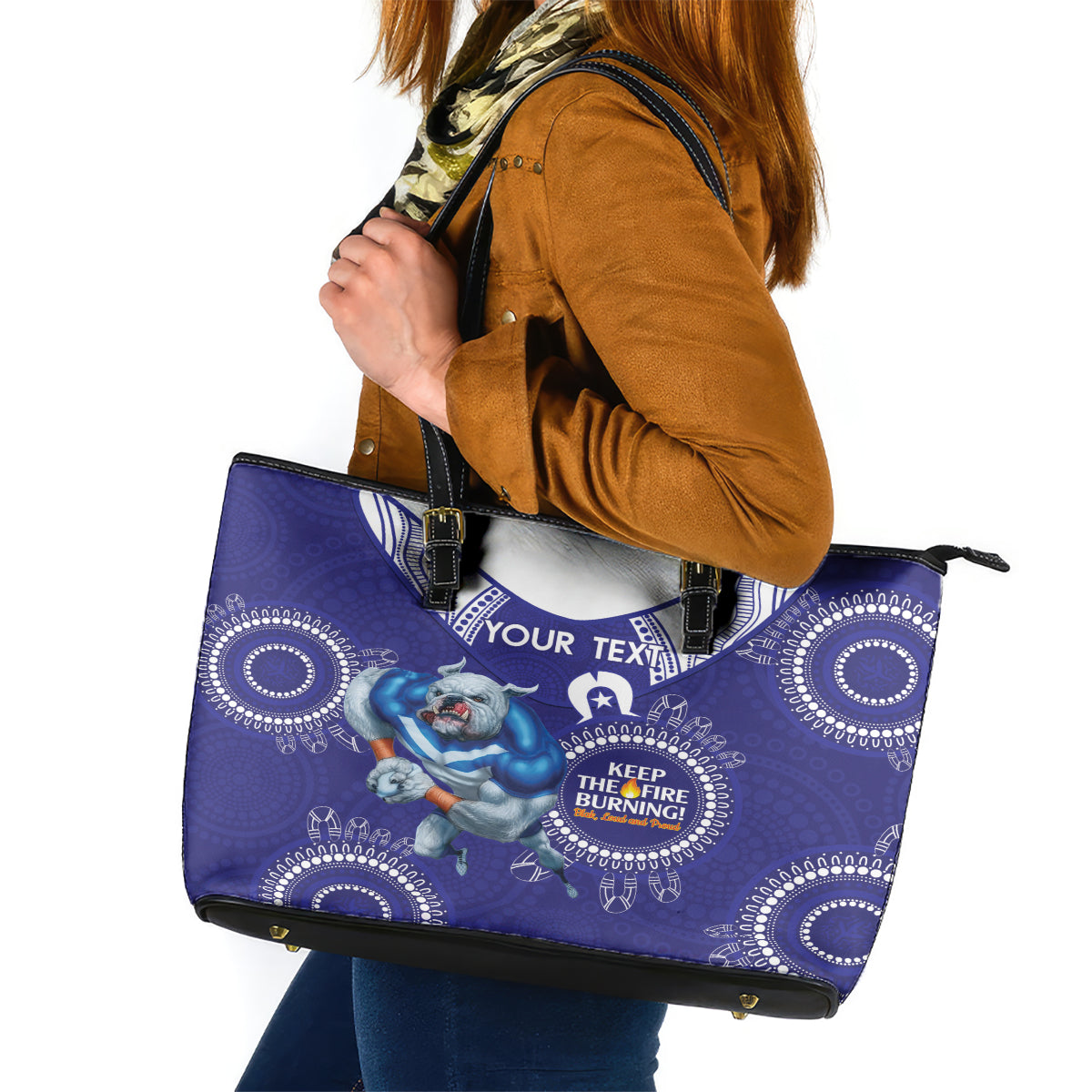 Custom NRL Bulldogs NAIDOC Week Leather Tote Bag Keep The Fire Burning Indigenous Art